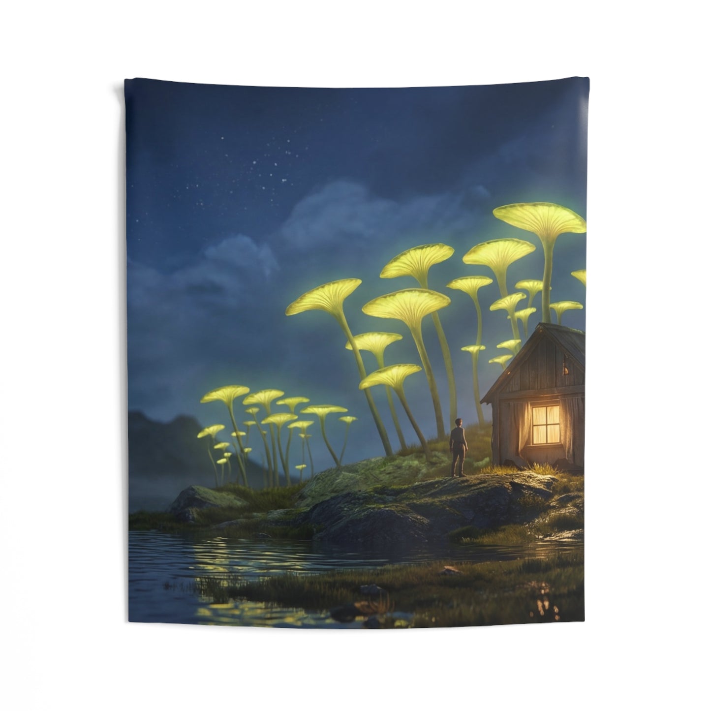 Luminescent Mushroom Cabin Wall Tapestry – Night’s Quiet Glow