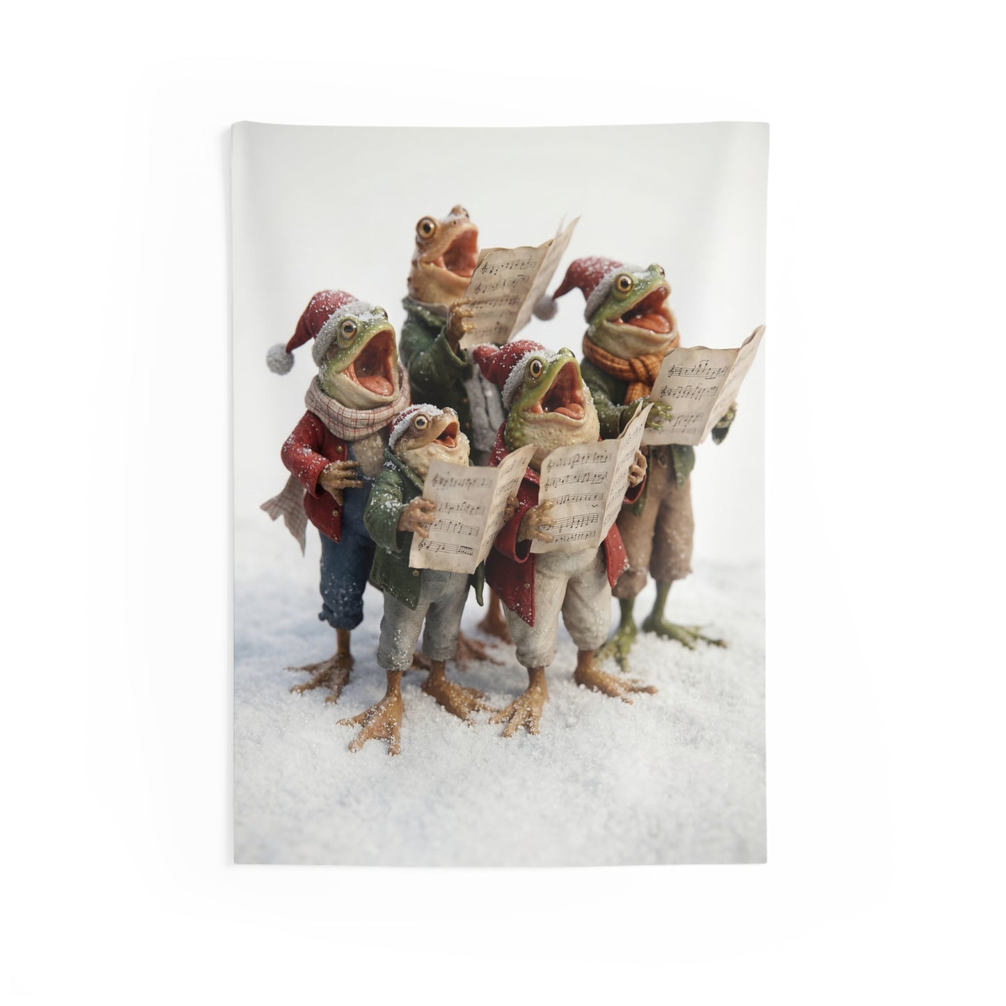 Frogs in Snow Choir Indoor Wall Tapestries – Winter Carolers in Frosty Harmony