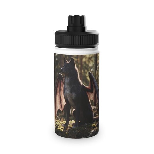 Dragon Wolf in the Sunlit Woods Stainless Steel Water Bottle, Sports Lid – Guardian of the Mossy Glade