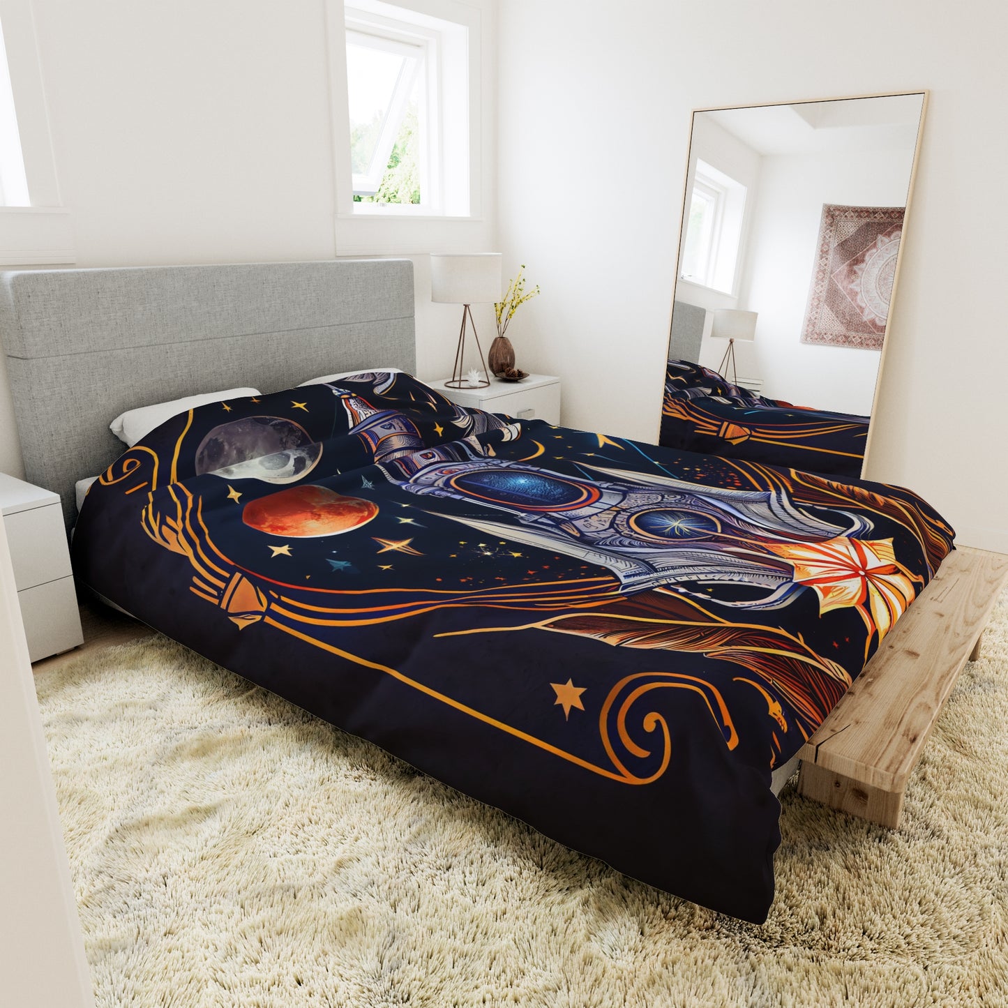 t-shirt design, rocket ship, stars, moons, art nouveau, alphonse much - Duvet Cover