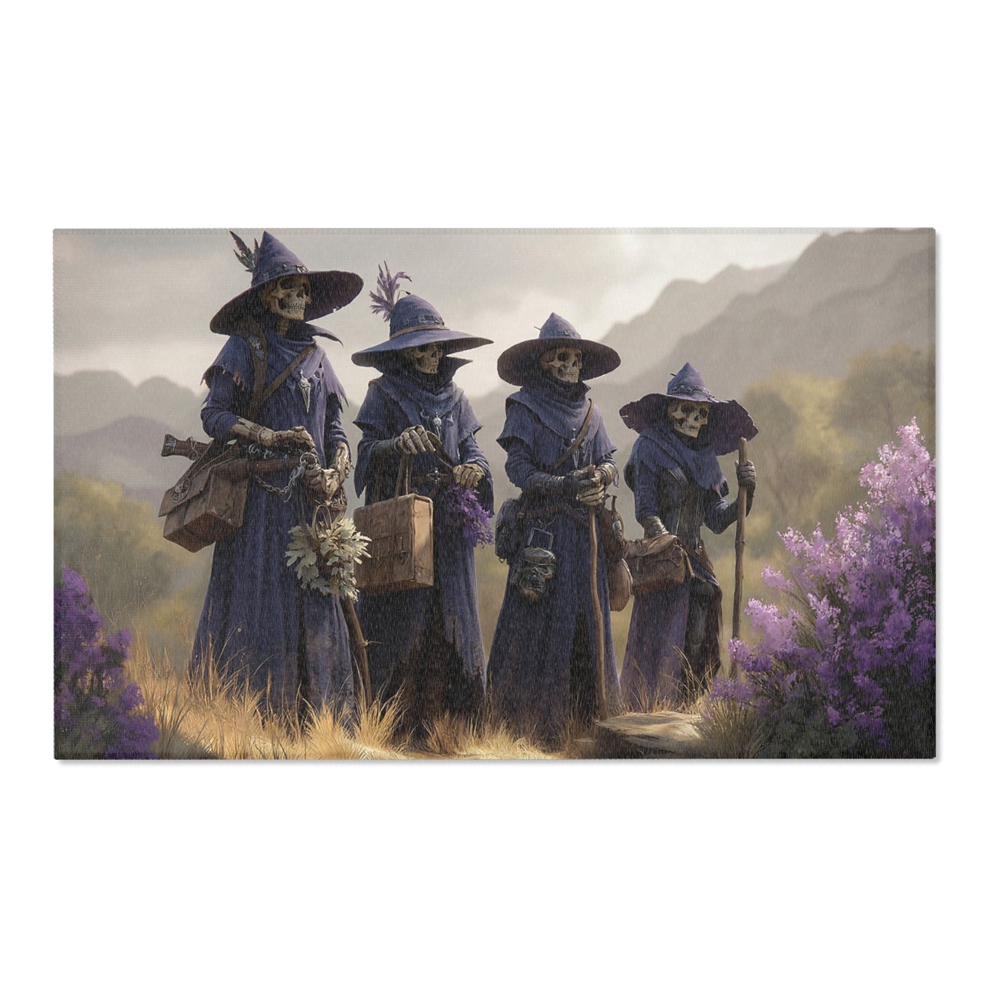 Four Wandering Skeletal Wizards Area Rug – Purple Hooded Pilgrims Through Misty Peaks