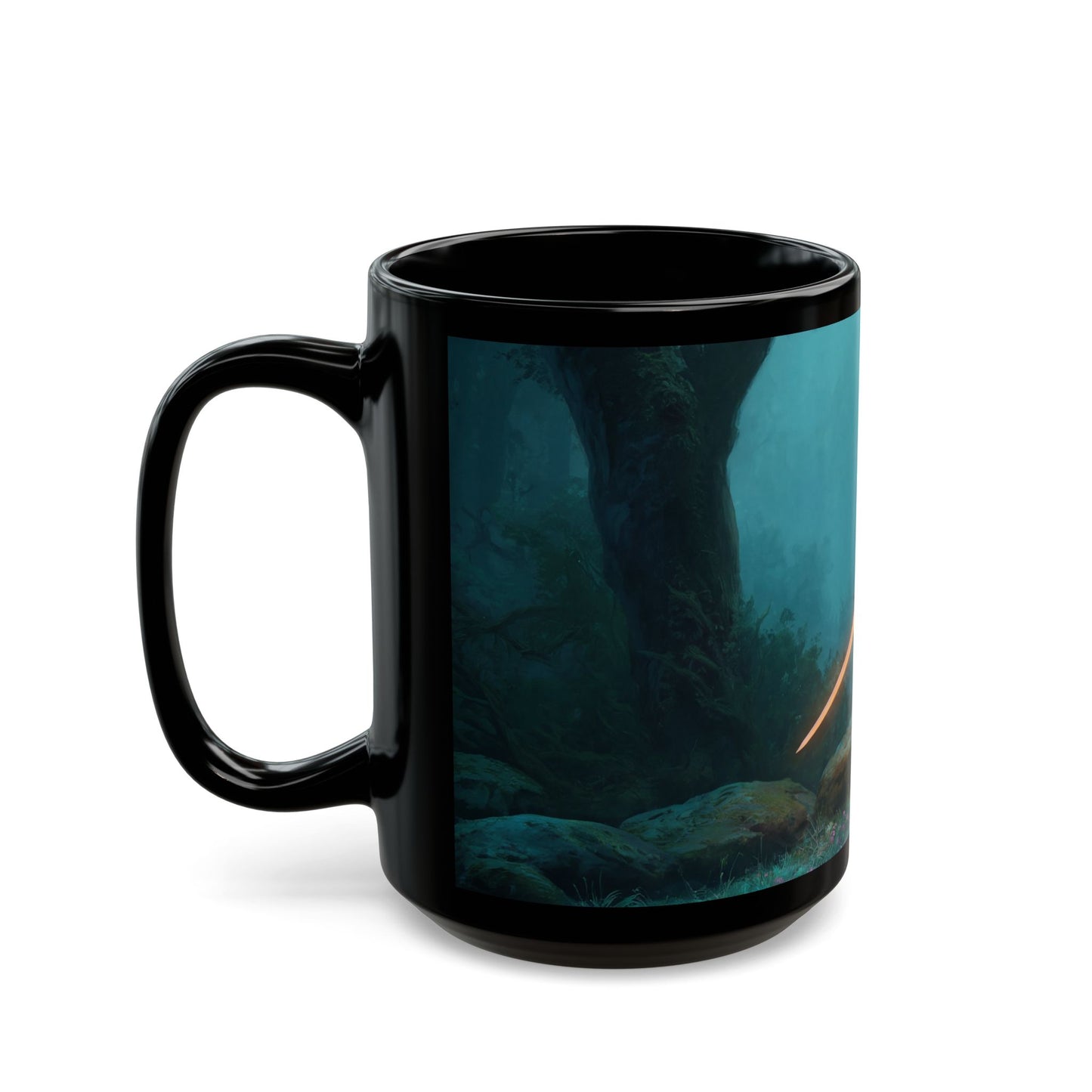 Twilight Sentinel Black Mug – Misty Forest Guardian with Glowing Sword