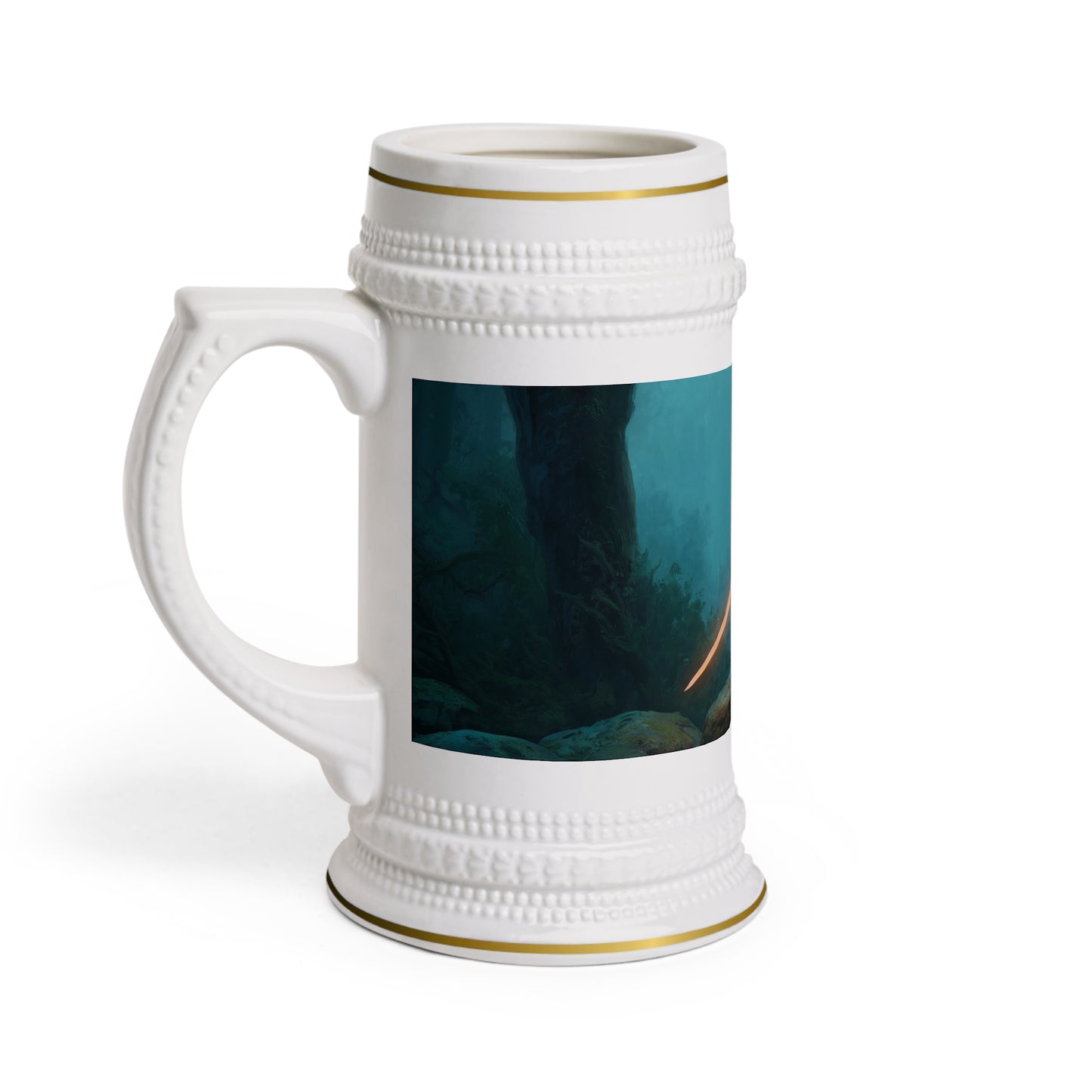 Elven Guardian with Glowing Blade Stein Mug – Misty Forest Sentinel