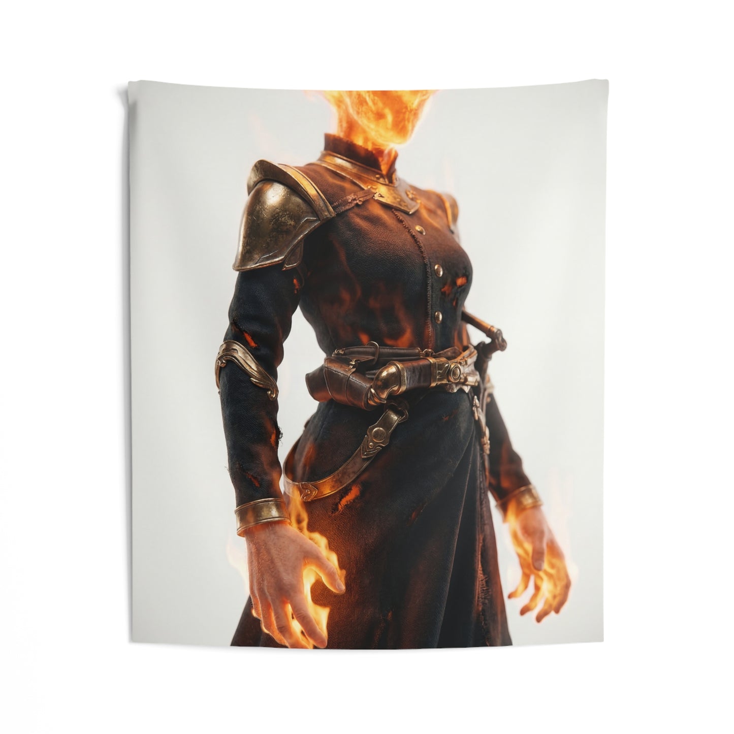Flame-Headed Sentinel Indoor Wall Tapestries – Burning Resolve in Midnight Armor