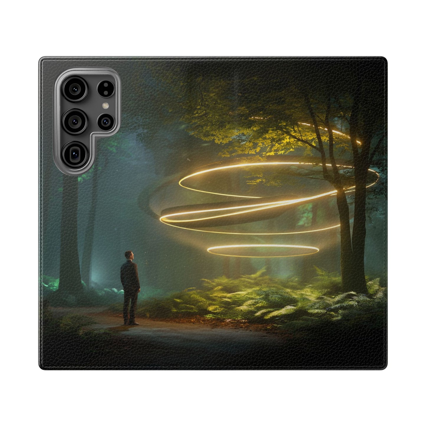 Luminous Spiral Forest Flip Cases – Golden Light Rings Mystery Scene