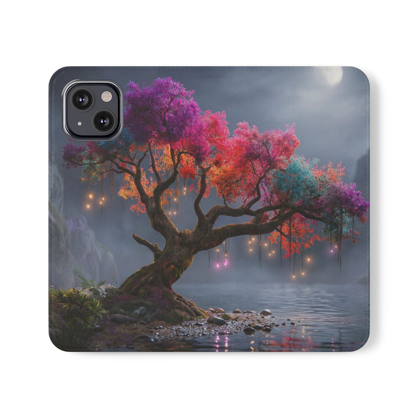 Chromatic Canopy Flip Cases – Rainbow Tree Moonlit Waterfall Scene