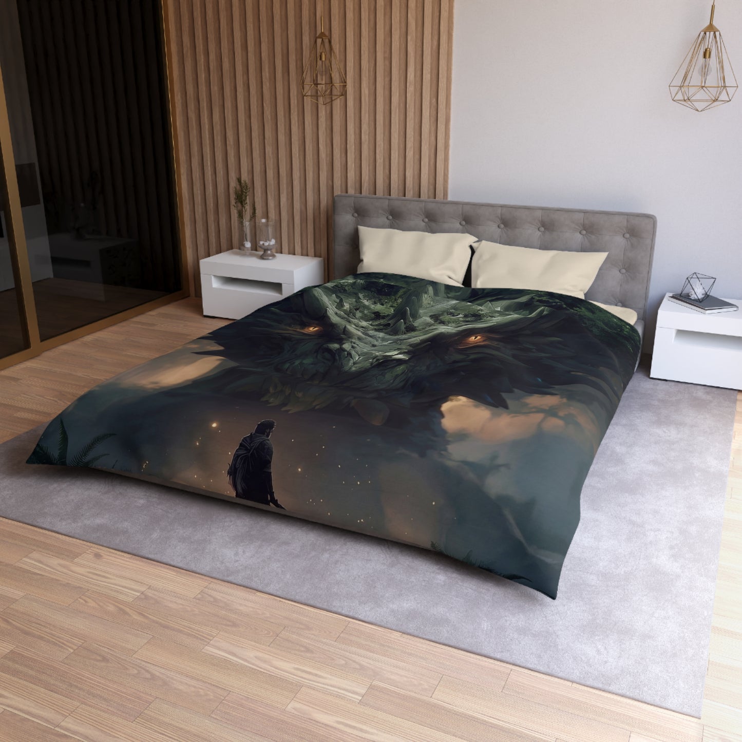 Ancient Dragon Sentinel Microfiber Duvet Cover – Forest Guardian at Dusk