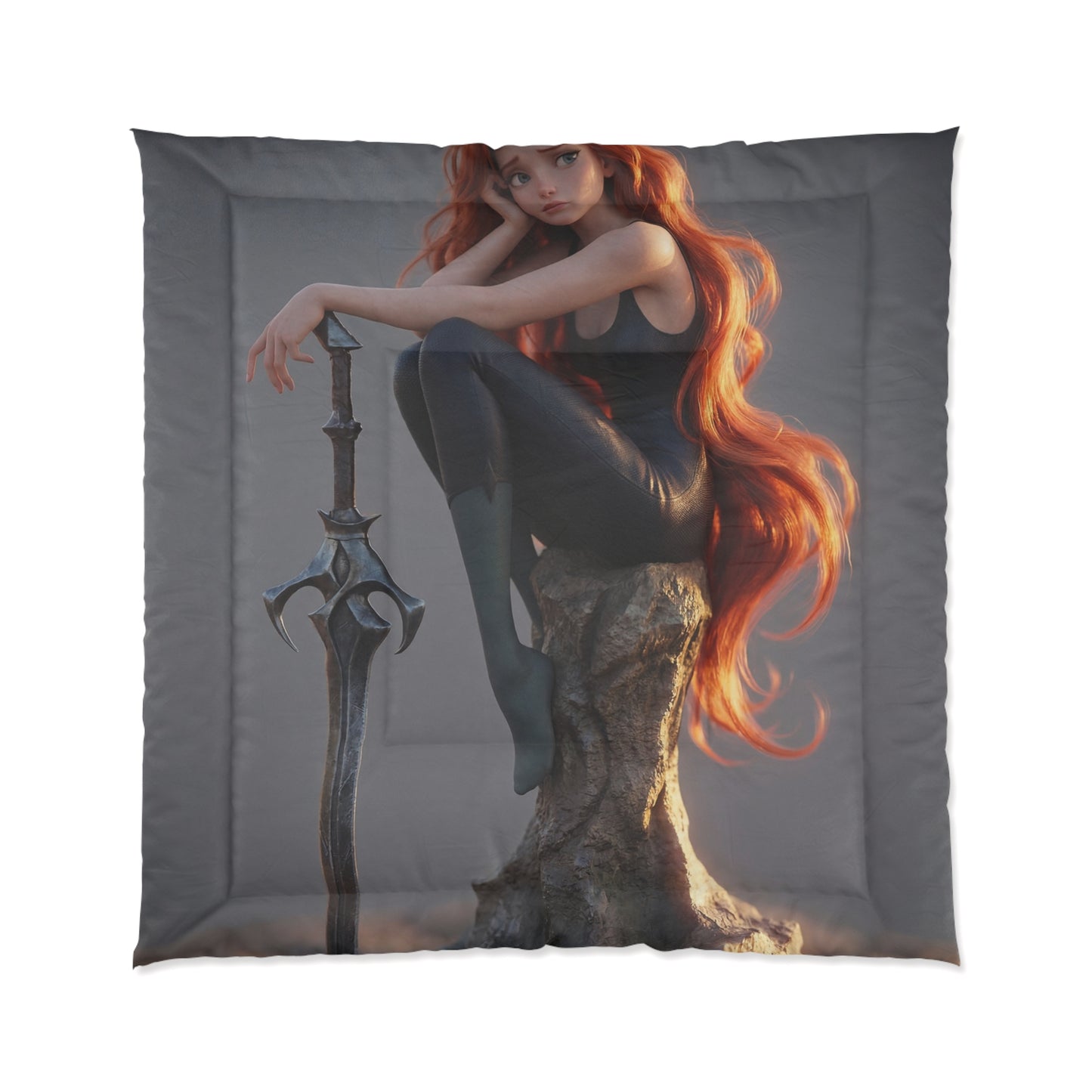 Red-Haired Sentinel Comforter – Sunset Warrior’s Quiet Rest