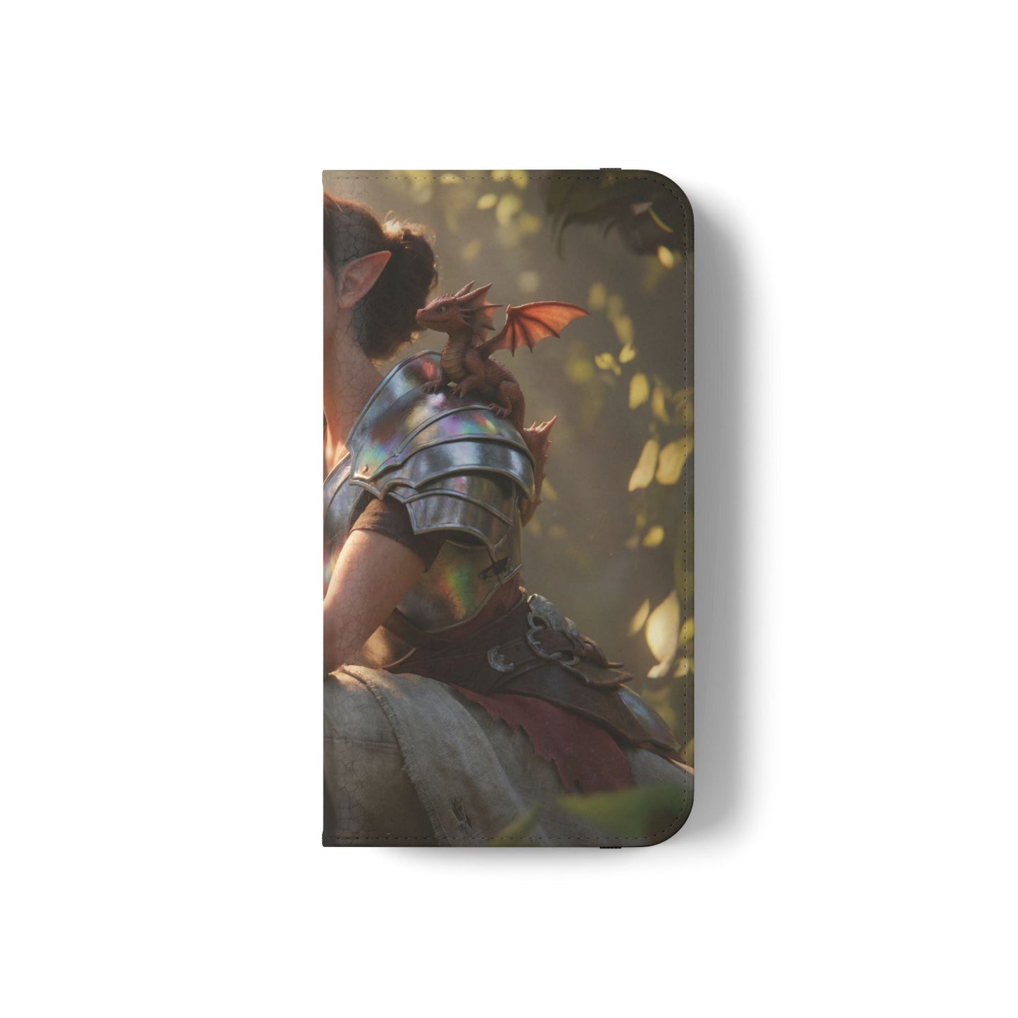 Elven Knight with Dragon Flip Cases – Iridescent Armor & Tiny Guardian Portrait