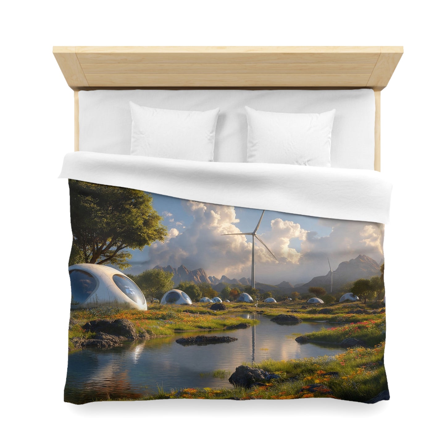 Futuristic Dome Village Microfiber Duvet Cover – Sunrise on the Windward Meadow