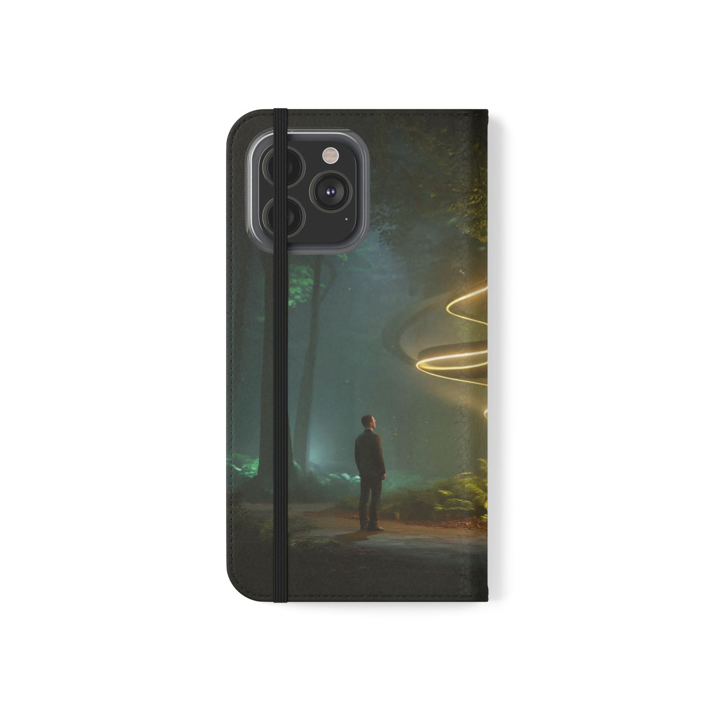 Luminous Spiral Forest Flip Cases – Golden Light Rings Mystery Scene