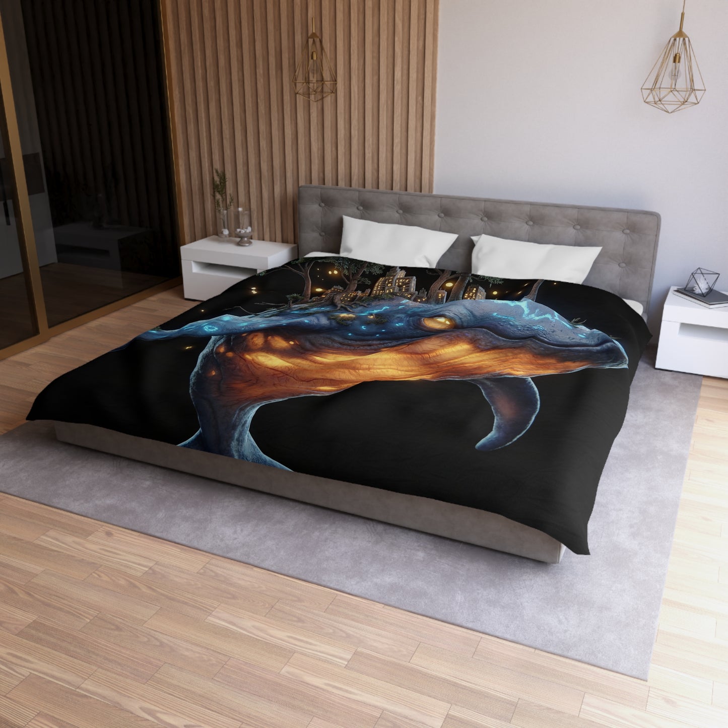 Bioluminescent Whale Sanctuary Duvet Cover – Floating City on a Gentle Giant