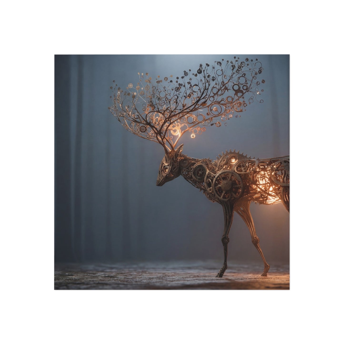 Steampunk Deer Square Magnet – Luminescent Gear Antlers in Twilight Forest
