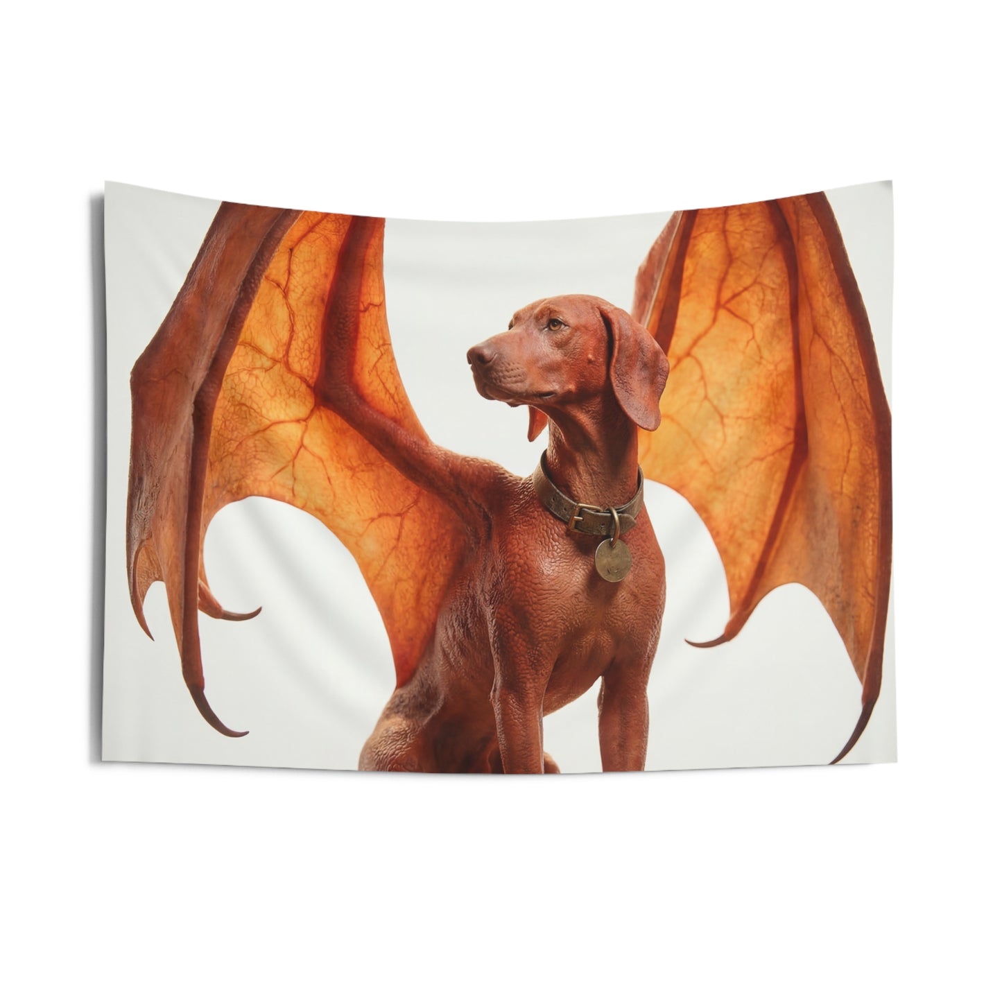 Winged Canine Sentinel Indoor Wall Tapestries – Amber Glow Against Soft Sky