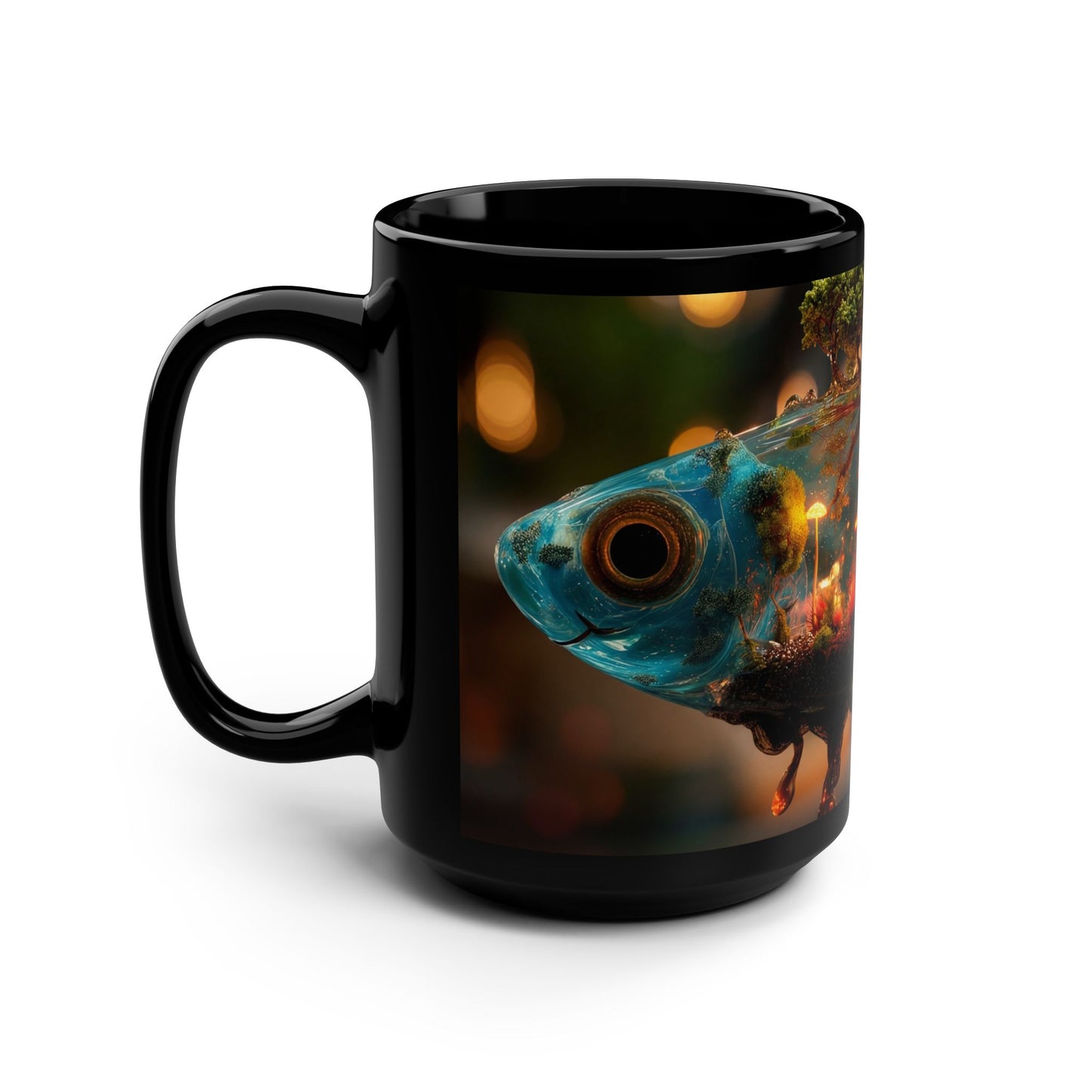 Forest Within Fish Black Mug, 15oz – Liquid Dreamscape Sanctuary