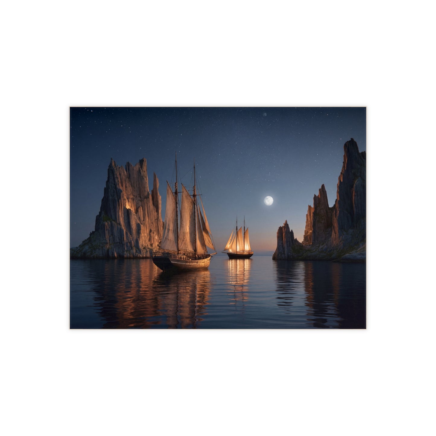 Moonlit Sailors Ceramic Photo Tile – Voyage Between Jagged Peaks