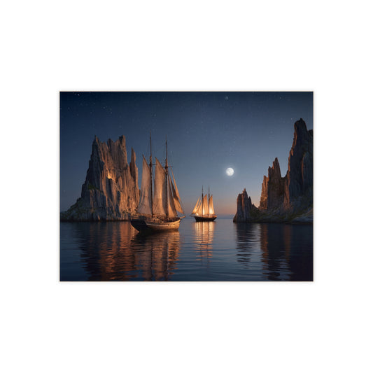 Moonlit Sailors Ceramic Photo Tile – Voyage Between Jagged Peaks