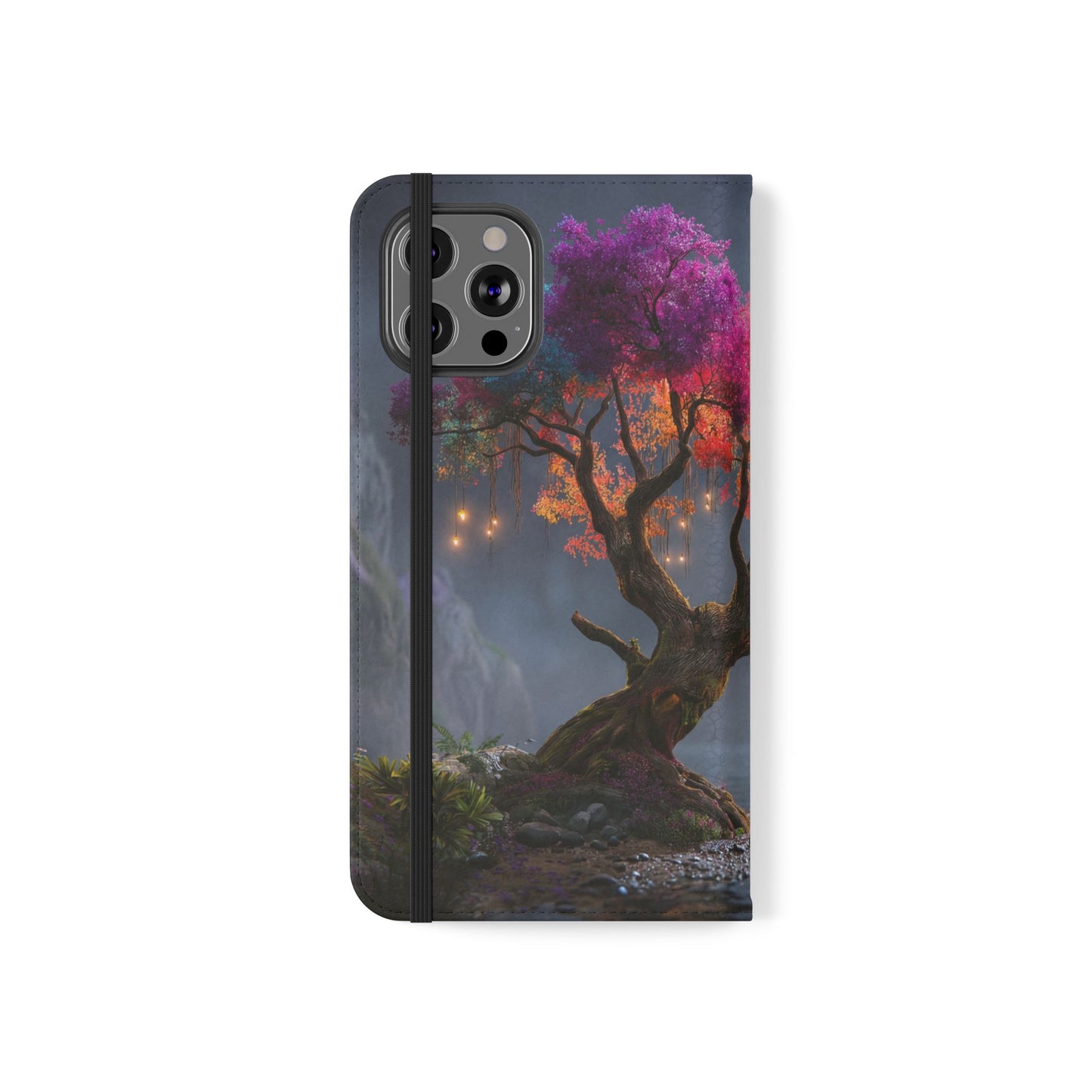 Chromatic Canopy Flip Cases – Rainbow Tree Moonlit Waterfall Scene