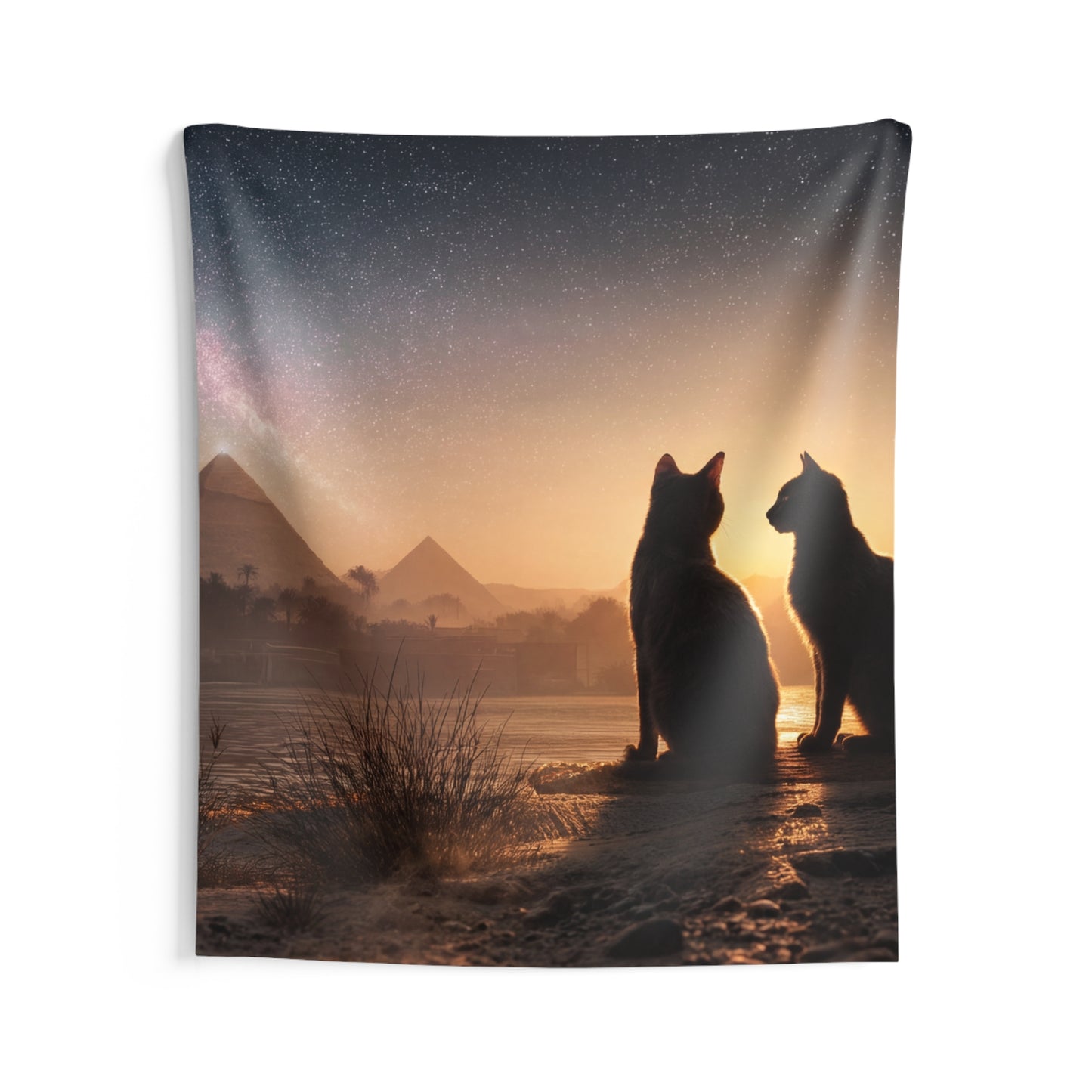 Starlit Pyramids Cat Wall Tapestry – Whispers of Ancient Cosmos