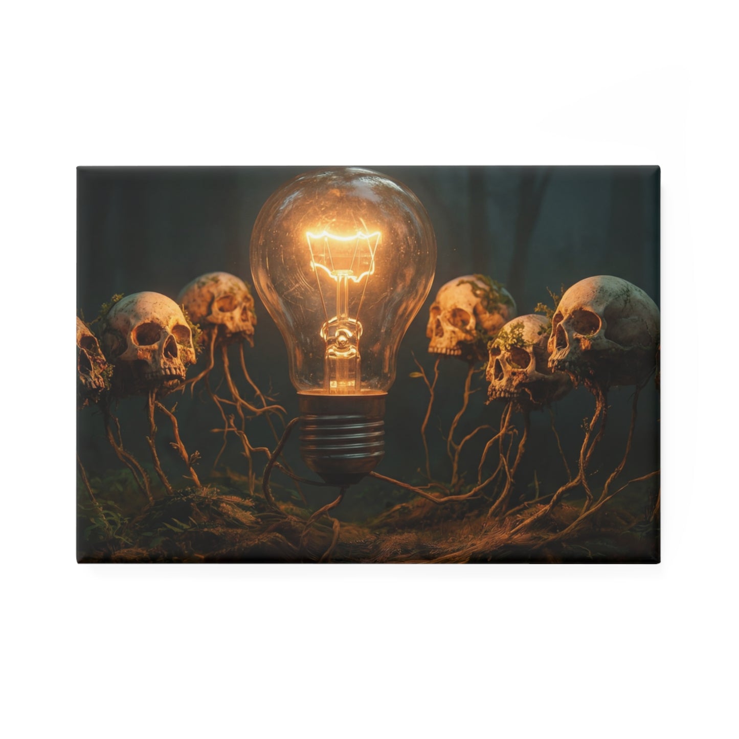 Glowing Bulb Among Skulls Button Magnet, Rectangle (1 & 10 pcs) – Illuminated Wisdom in the Whispering Woods