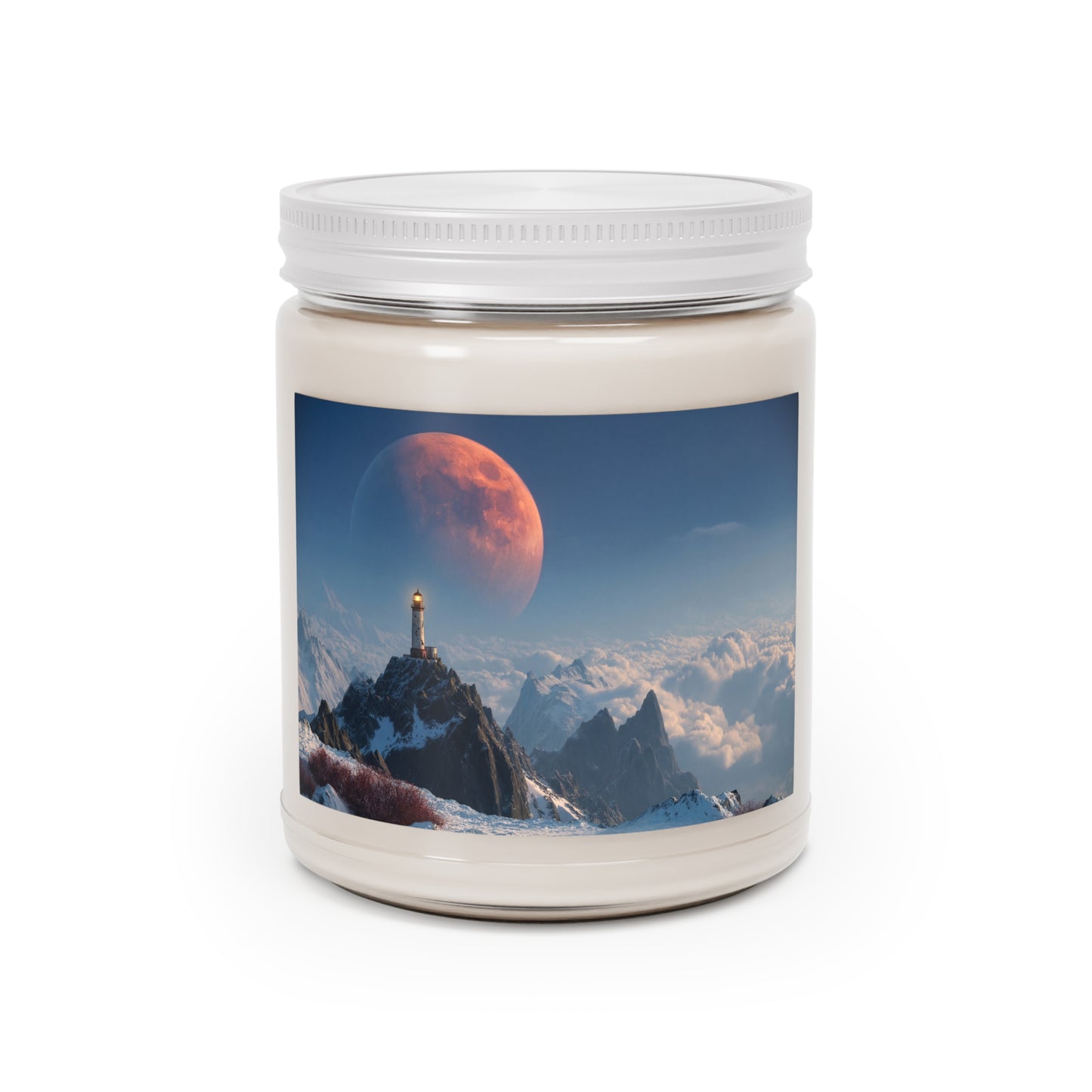 Lighthouse on Snow-Capped Peak Scented Soy Candles with White Lid, 9oz – Crimson Moonlit Beacon