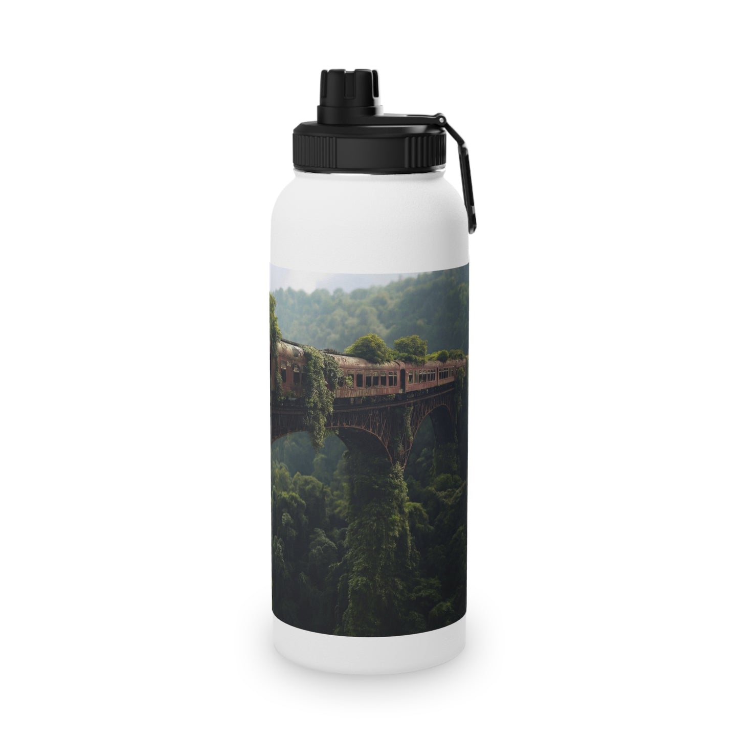 Abandoned Train Through Verdant Canopy Stainless Steel Water Bottle, Sports Lid – Timeless Forest Journey