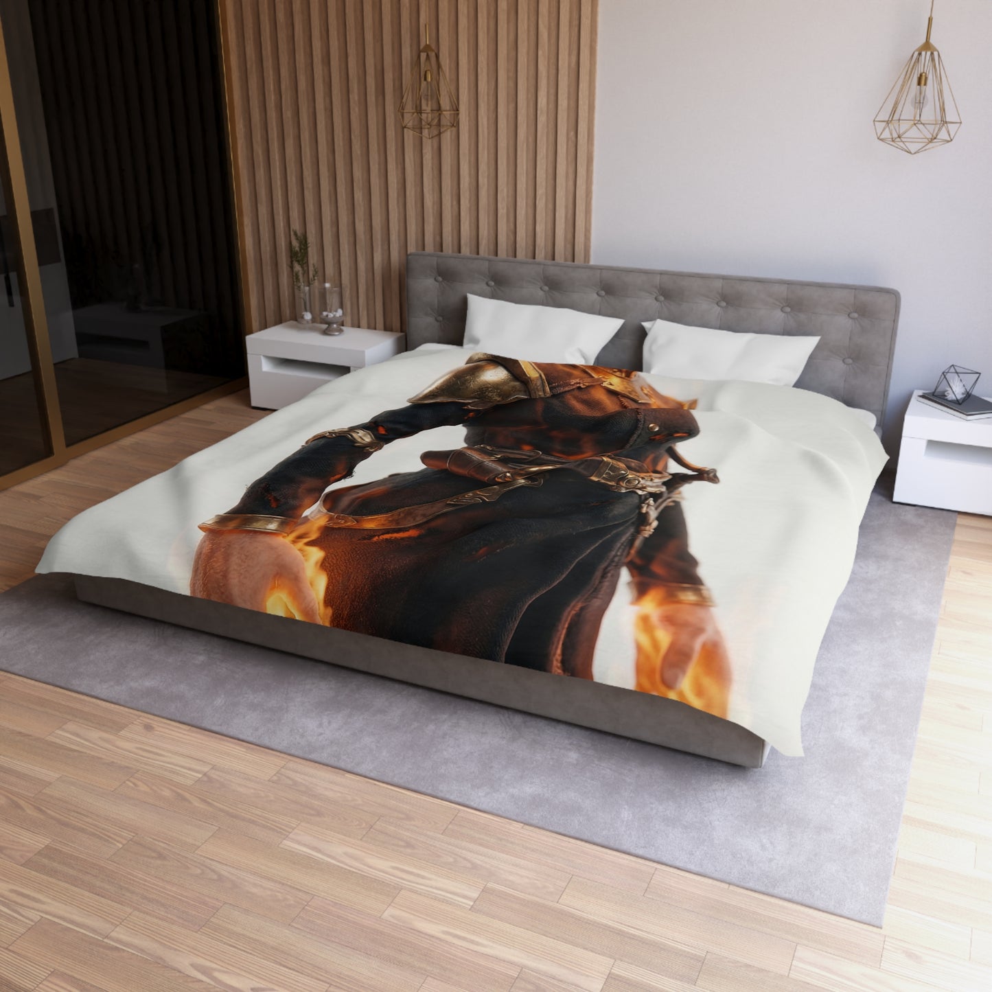 Flame-Wreathed Sentinel Microfiber Duvet Cover – Ashes and Ember Reverie