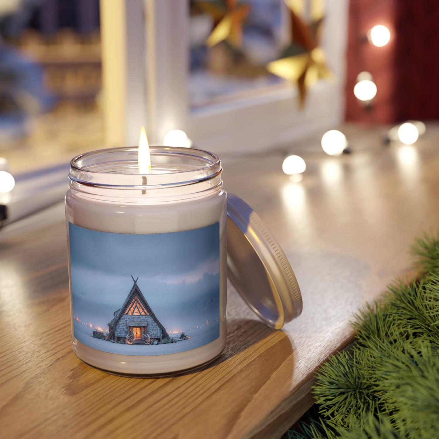 A-Frame Cabin Scented Soy Candles with White Lid, 9oz – Warm Light in the Grey Hours