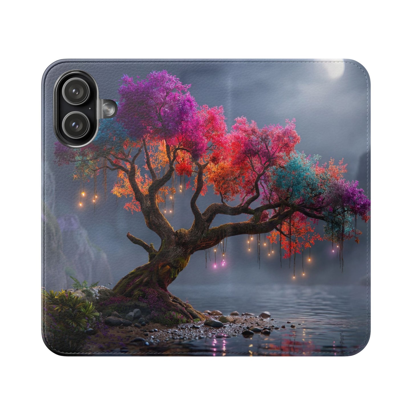 Chromatic Canopy Flip Cases – Rainbow Tree Moonlit Waterfall Scene