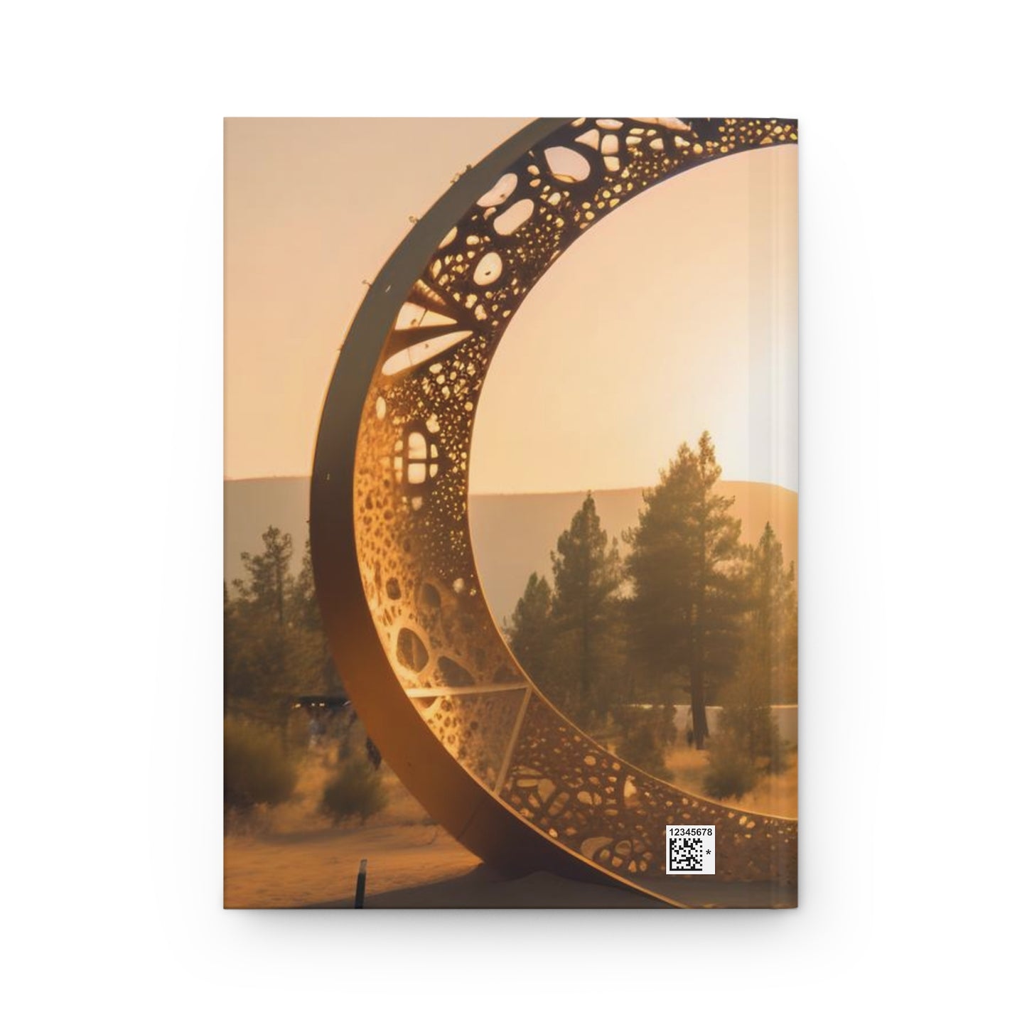 golden hour, rune-carved stargate made of glowing steel that forms a circle, leads to the burning man festival, forest in the background, cinematic view, epic sky - Hardcover Journal Matte