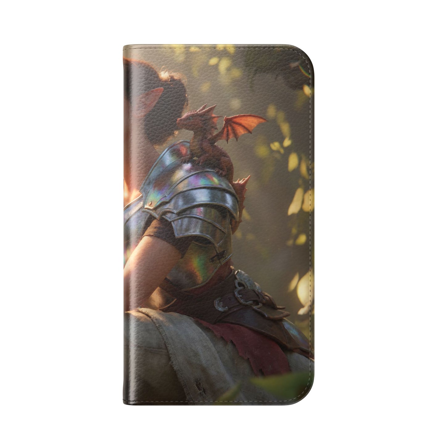 Elven Knight with Dragon Flip Cases – Iridescent Armor & Tiny Guardian Portrait