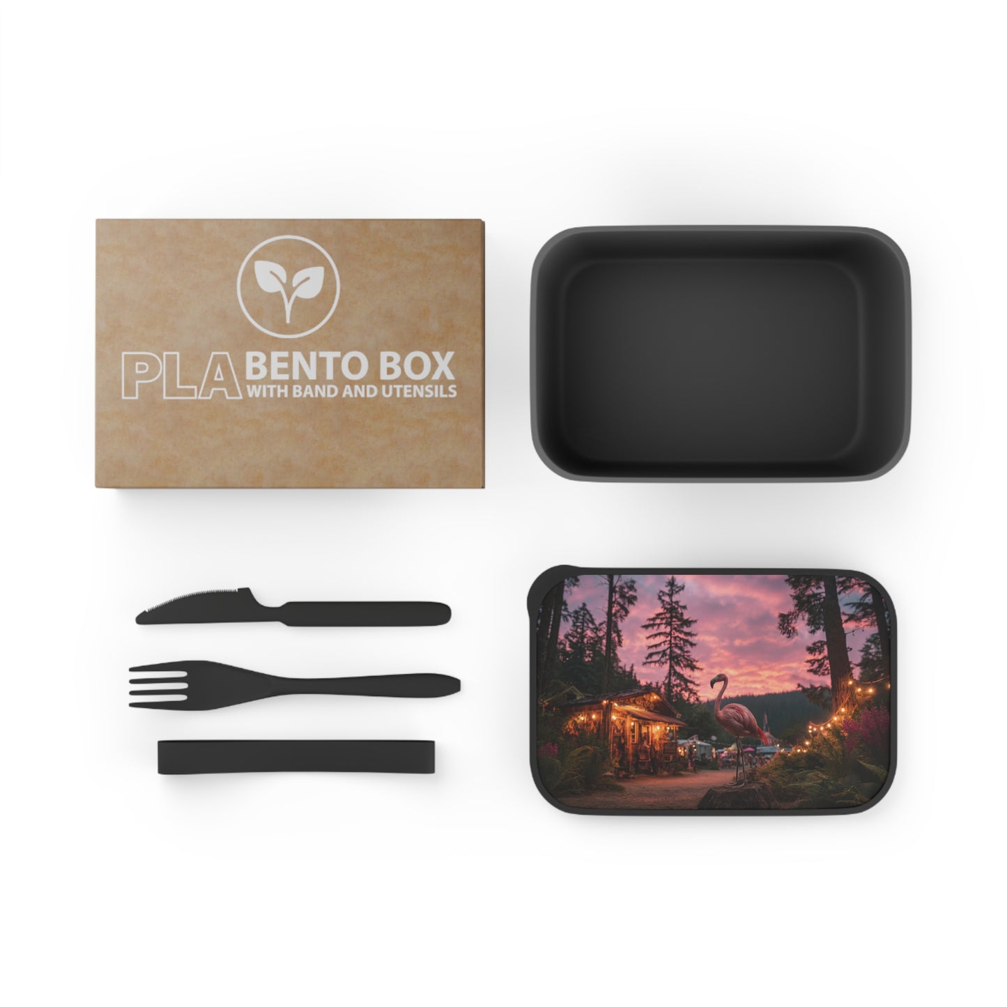Twilight Flamingo PLA Bento Box with Band and Utensils – Forest Festival Serenity