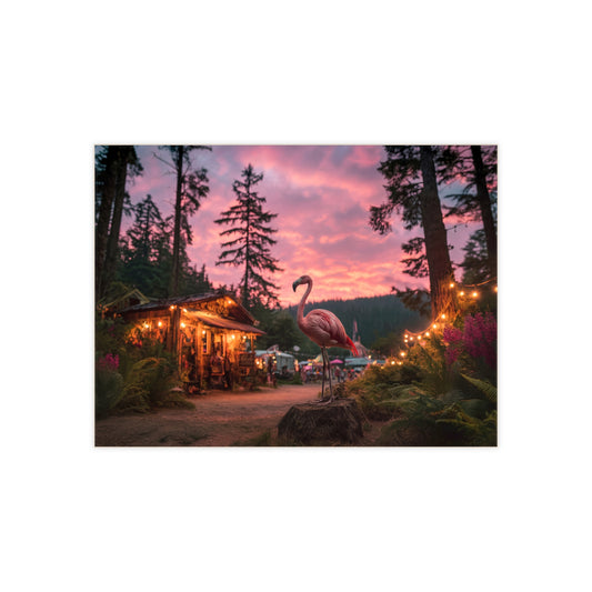 Pink Flamingo Forest Twilight Ceramic Photo Tile – Whimsical Sunset Sentinel