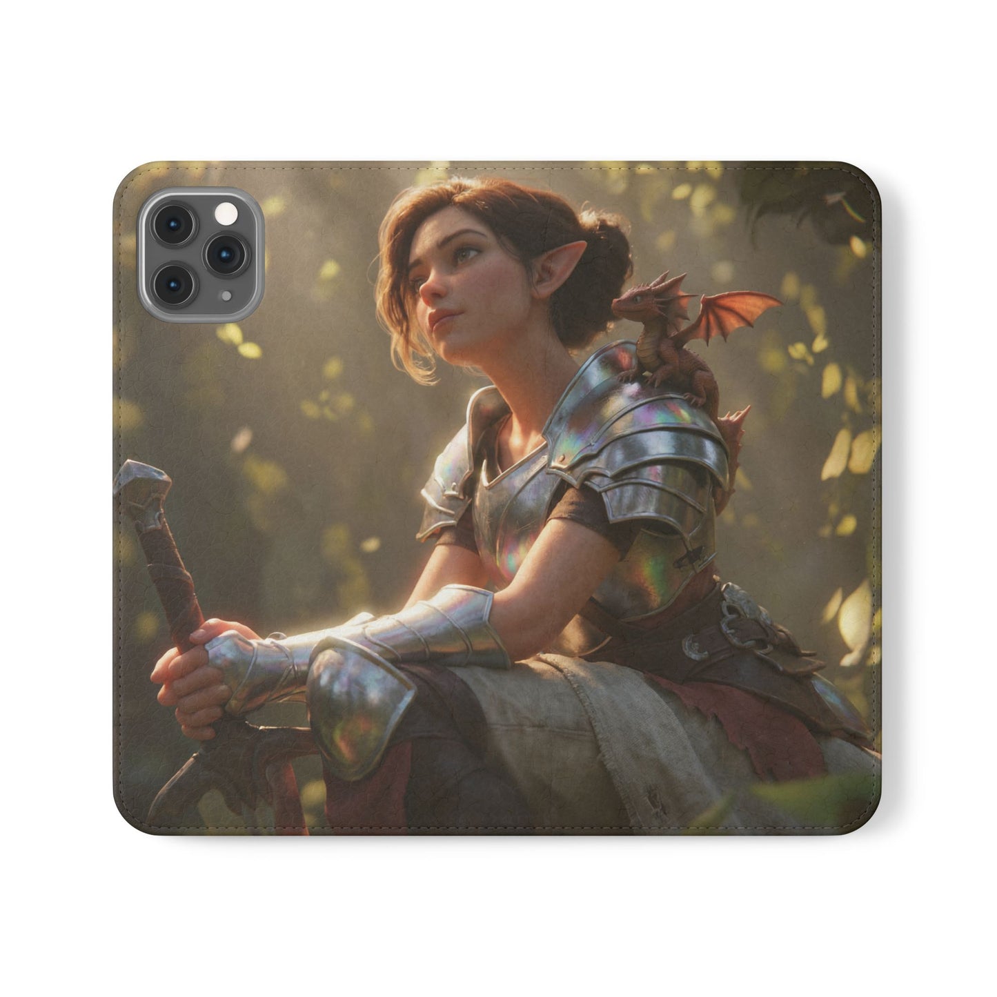 Elven Knight with Dragon Flip Cases – Iridescent Armor & Tiny Guardian Portrait