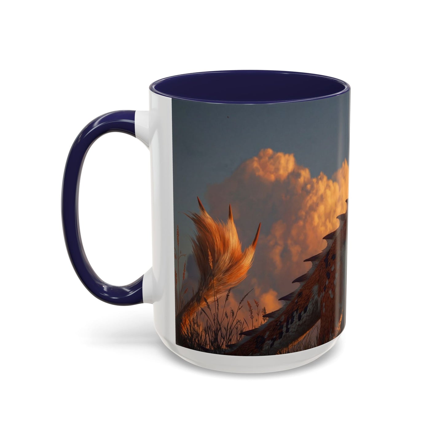 Sunset Dragon Accent Coffee Mug (11, 15oz) – Warm Ember Guardian in Golden Grasses