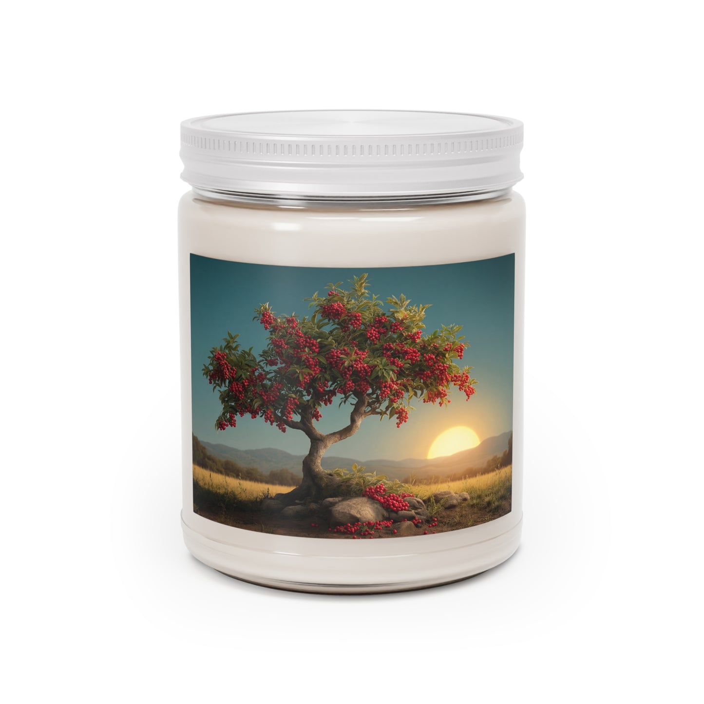 Crimson Berry Tree Scented Soy Candles with White Lid, 9oz – Sunset Harvest Reverie