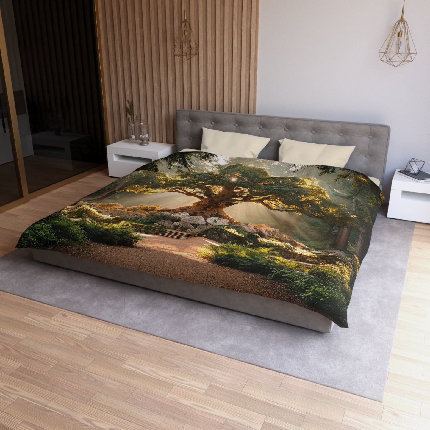 Ancient Sentinel Tree Microfiber Duvet Cover – Golden Light Through Whispering Canopy