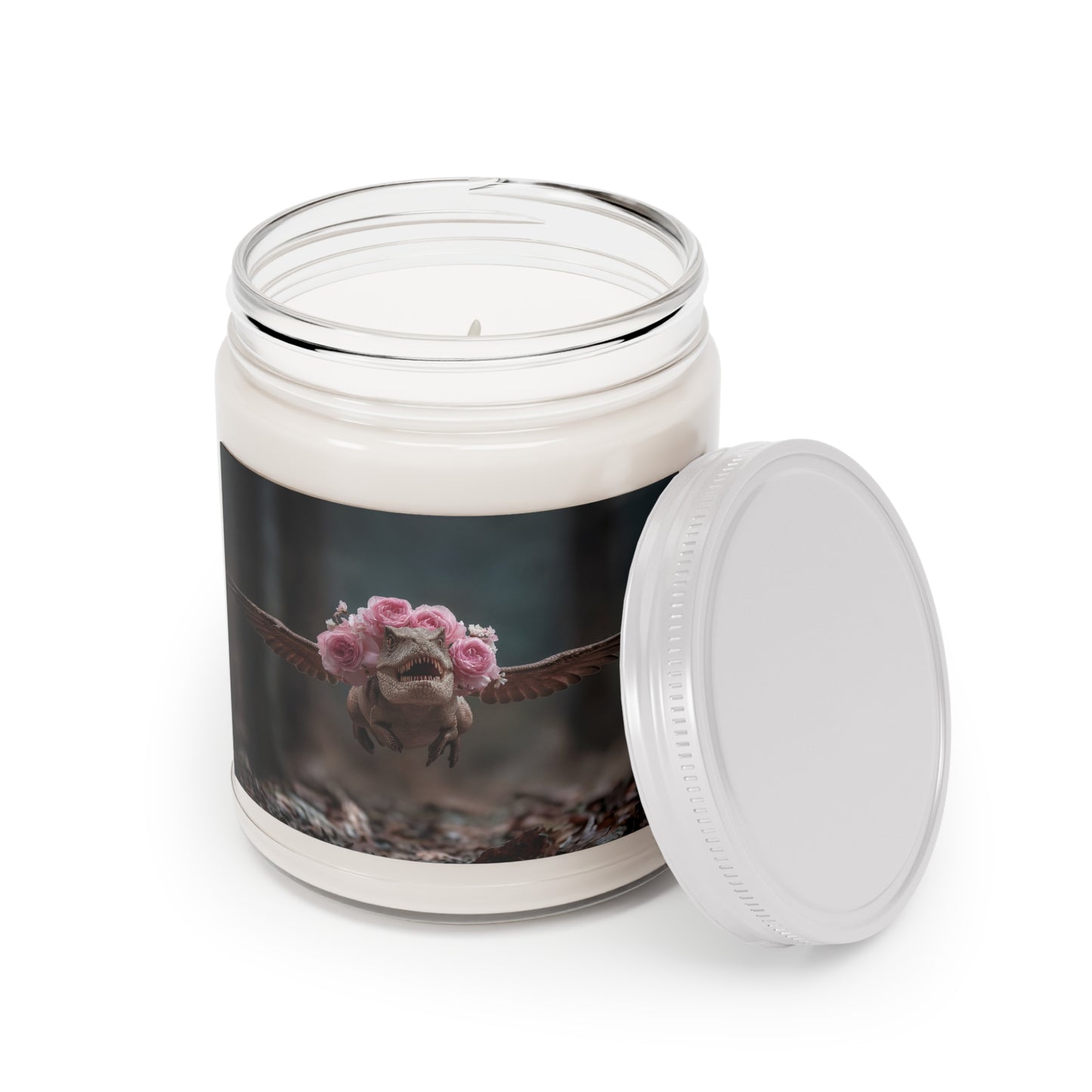 Rose Crowned T-Rex Scented Soy Candles with White Lid, 9oz – Forest Fantasy Flight