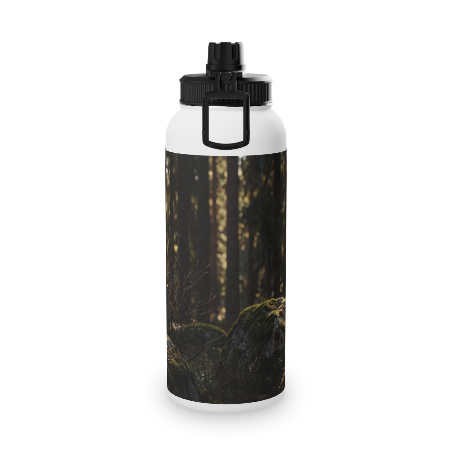 Dragon Wolf in the Sunlit Woods Stainless Steel Water Bottle, Sports Lid – Guardian of the Mossy Glade