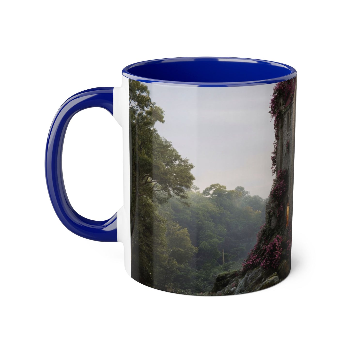 Rose-Covered Tower Accent Mugs, 11oz – Pink Bloomed Gothic Ruin