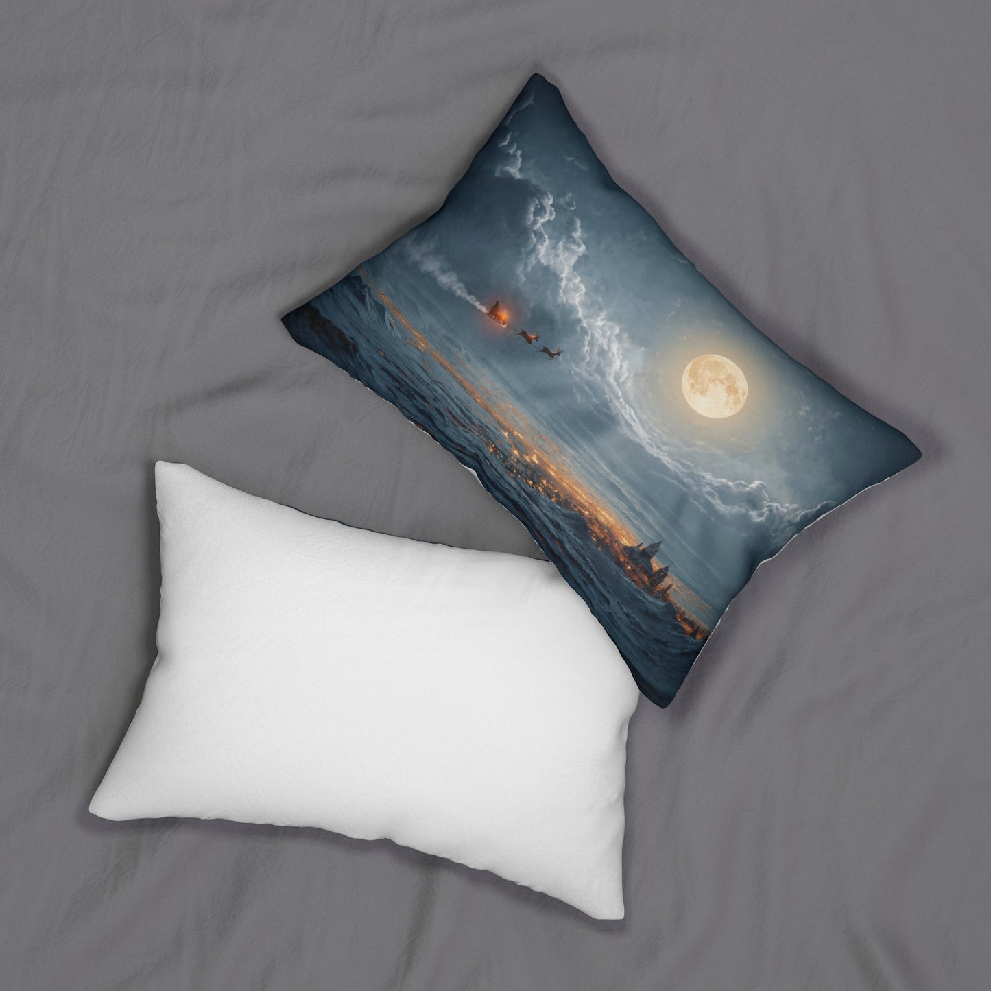 Lunar Night Sleigh Ride Lumbar Pillow – Midnight Winter Journey Through Clouds