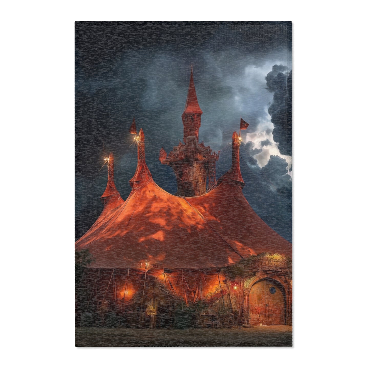 Crimson Carnival Tent Rug – City Skyline Under Thunderous Canopy
