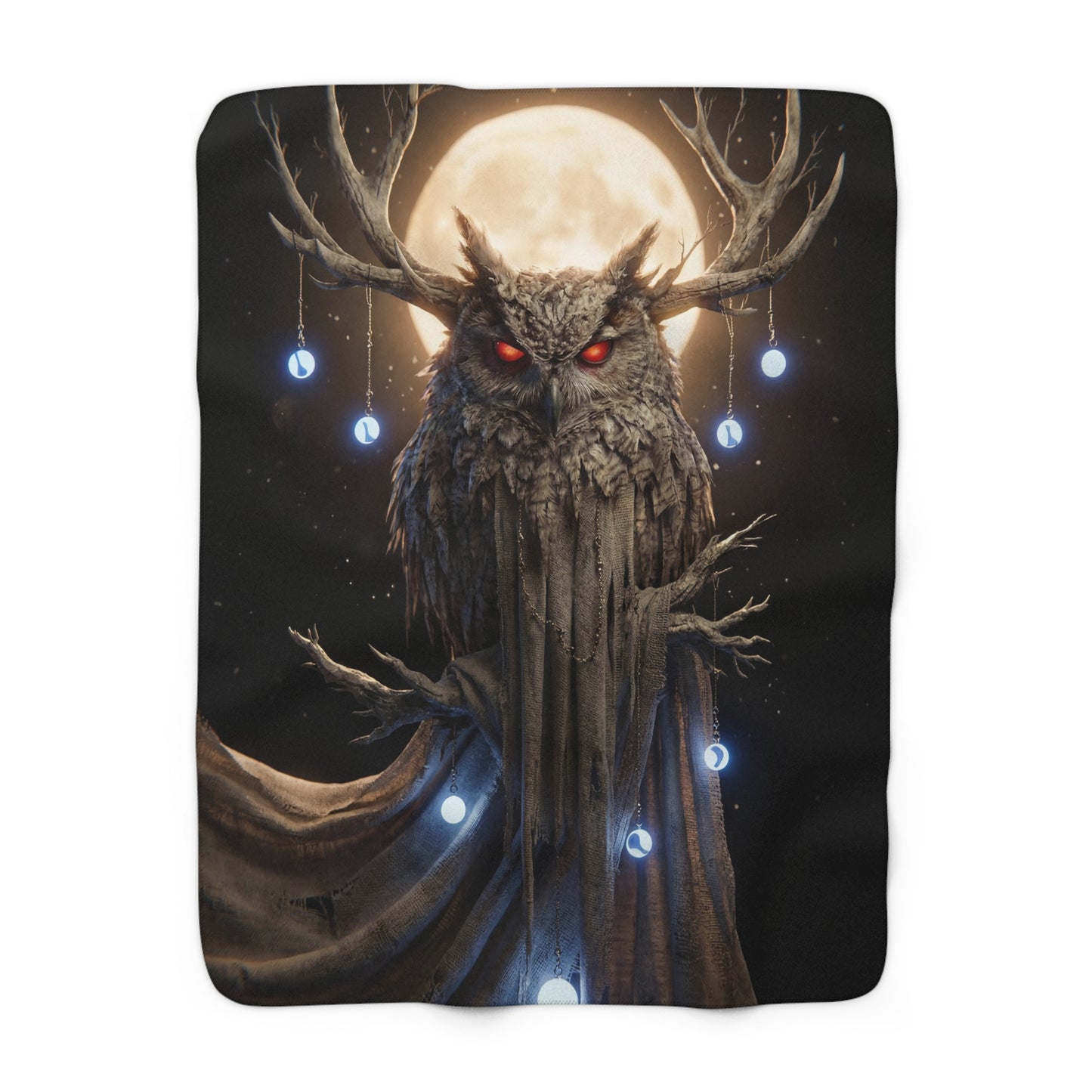 Moonlit Stag-Owl Sentinel Sherpa Fleece Blanket – Whispers of the Watchful Woods