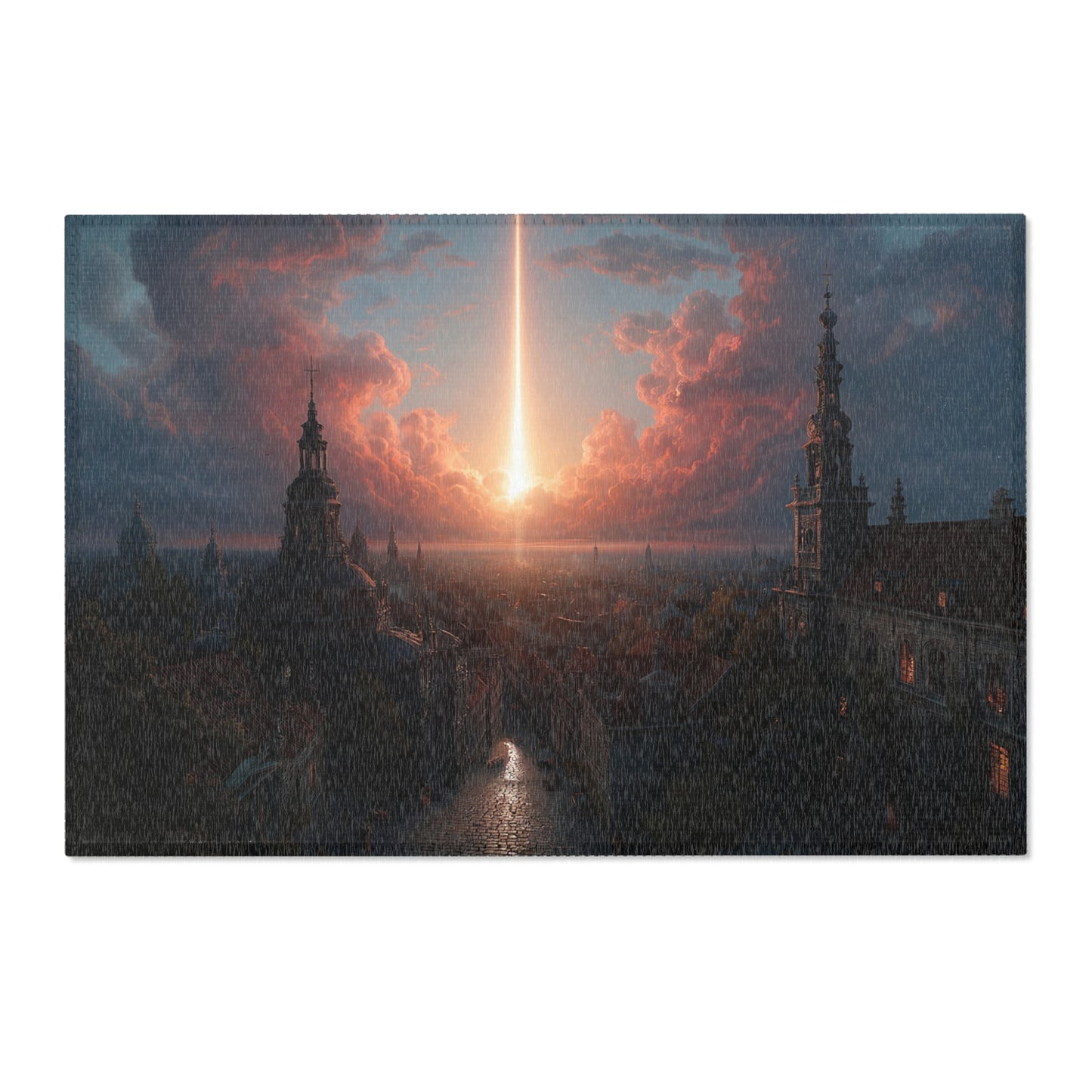 Celestial Beam Cityscape Rug – Dawn’s Sacred Light Over Stone Streets