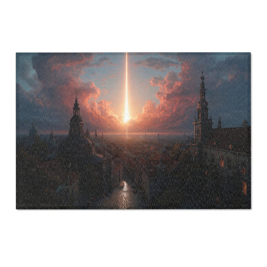 Celestial Beam Cityscape Rug – Dawn’s Sacred Light Over Stone Streets
