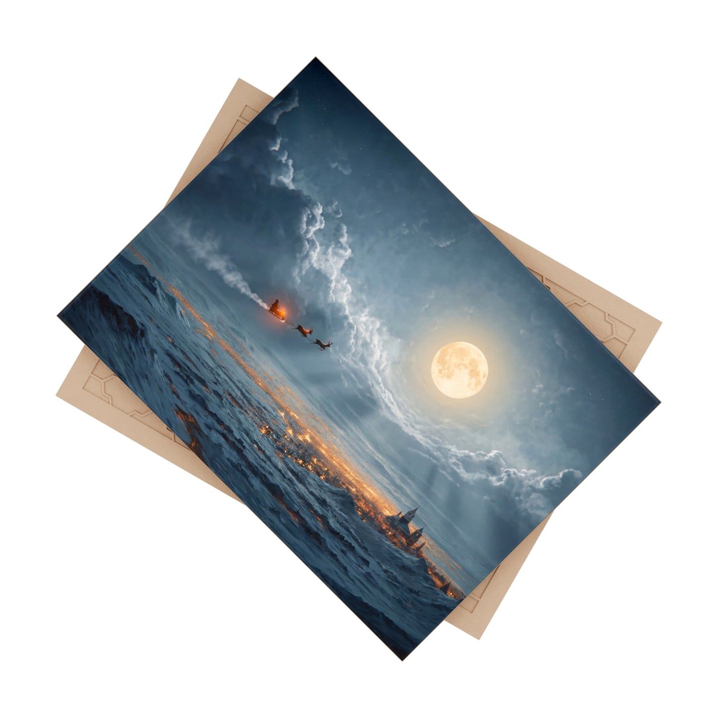 Midnight Santa Flight Ceramic Photo Tile – Glowing Moon Over Winter Town