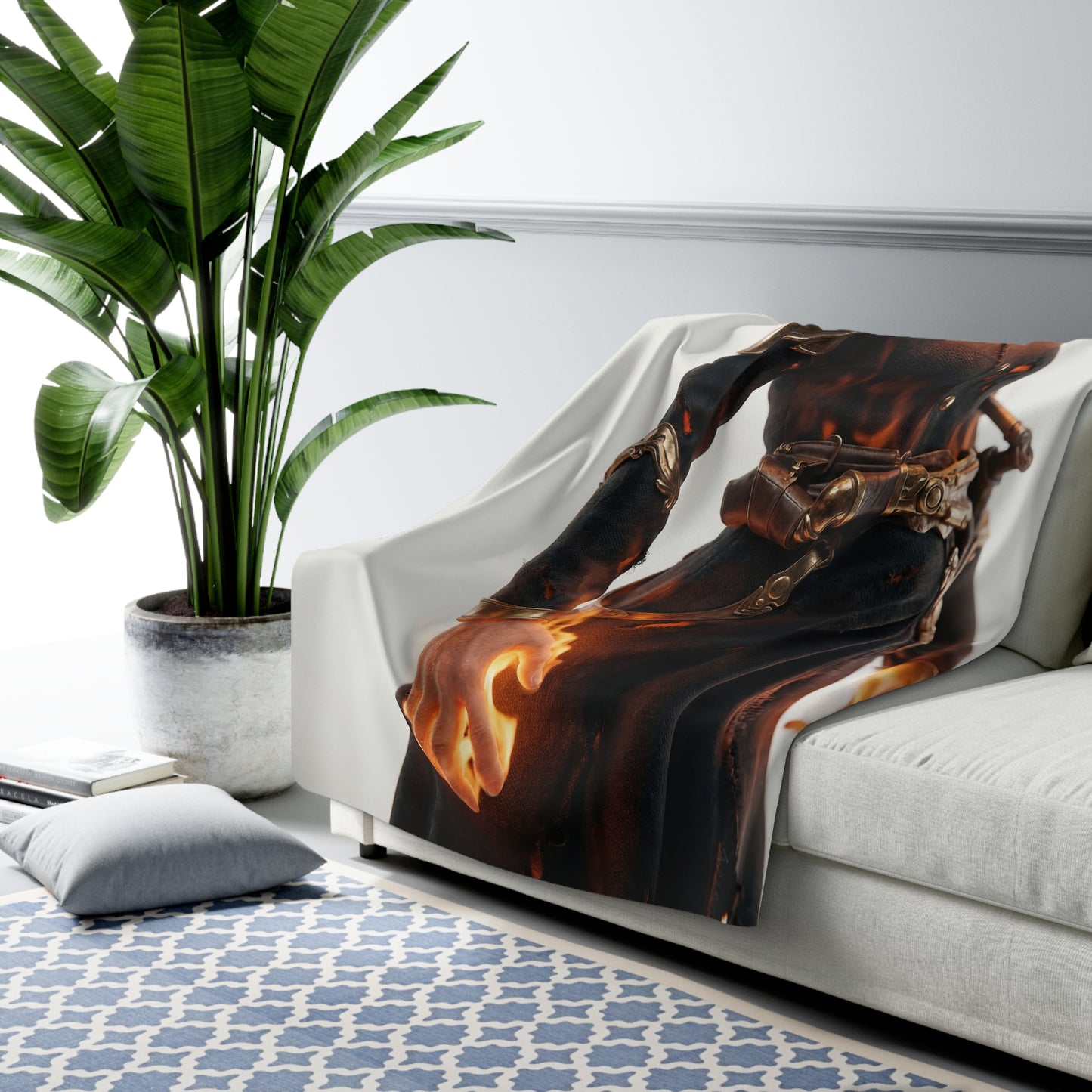 Fiery Sentinel Sherpa Fleece Blanket – Ember-Clad Guardian Portrait