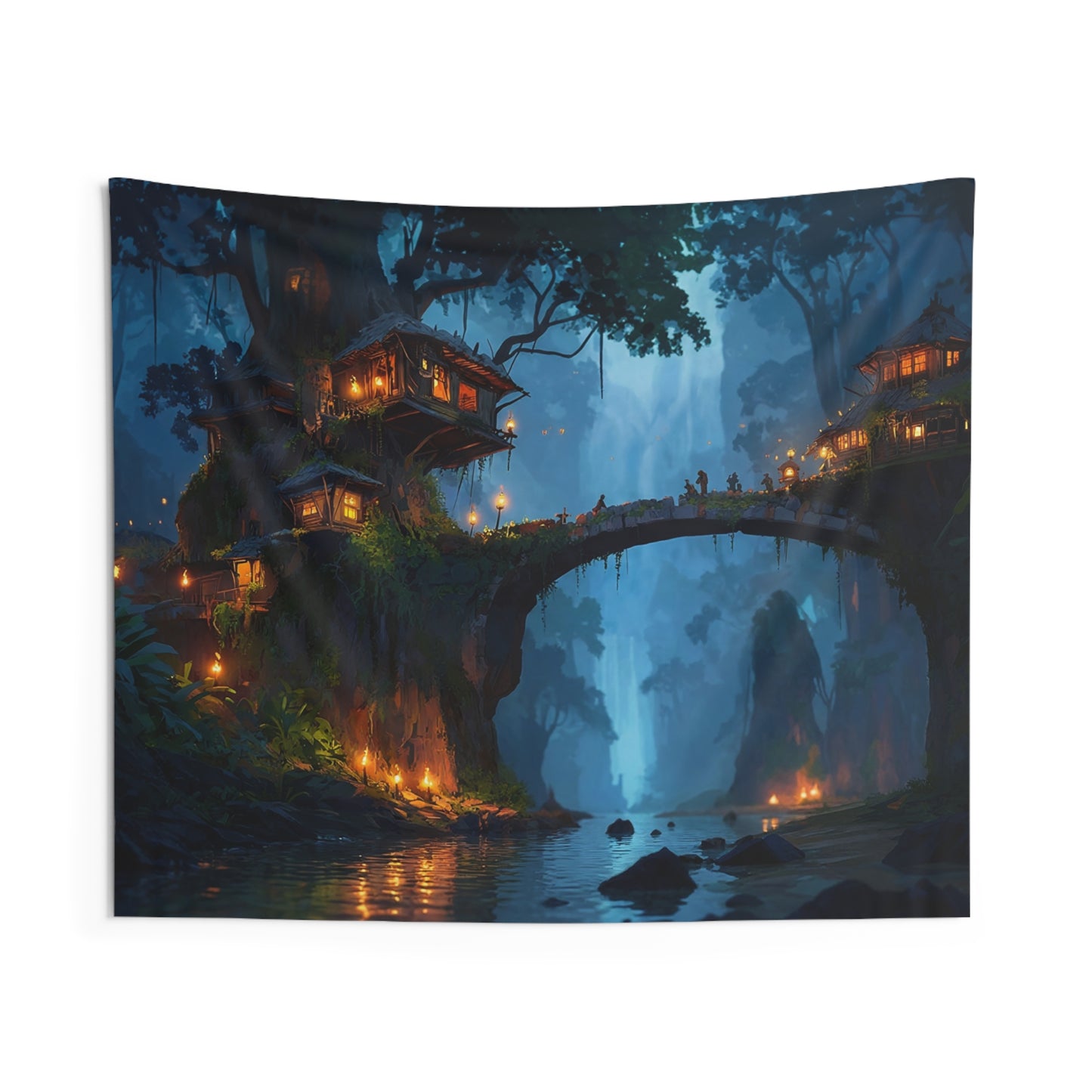 Whispering Canopy Bridge Tapestry – Glowlit Jungle Village at Dusk