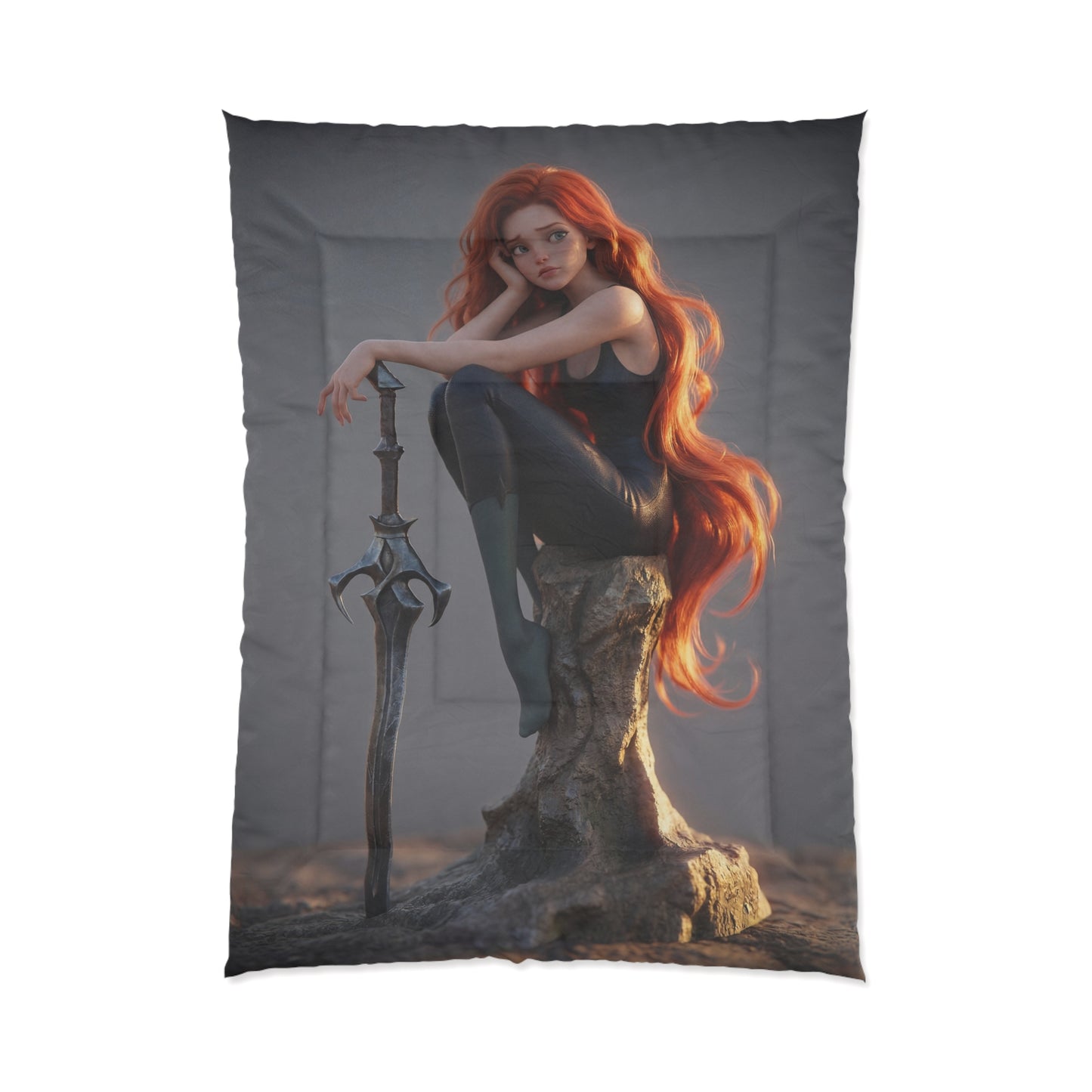Red-Haired Sentinel Comforter – Sunset Warrior’s Quiet Rest