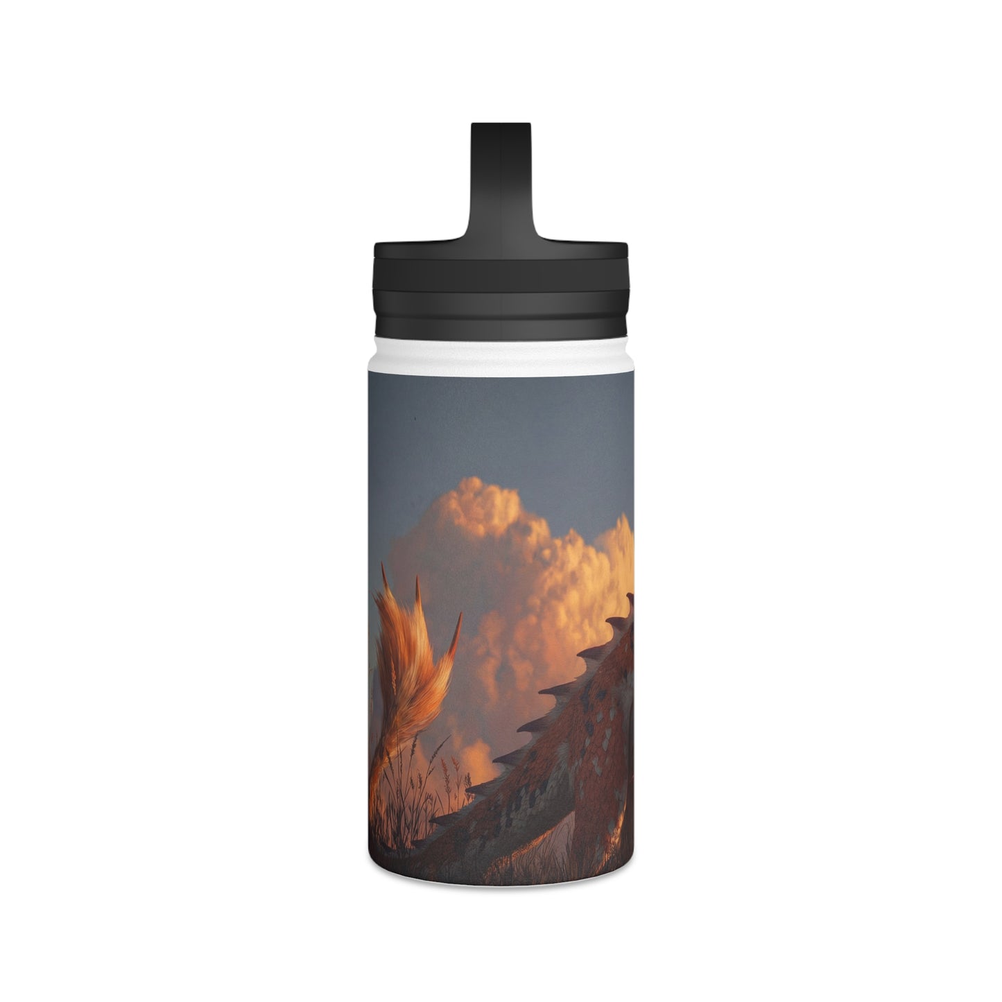Sunset Guardian Dragon Stainless Steel Water Bottle, Handle Lid – Amber Sky Companion